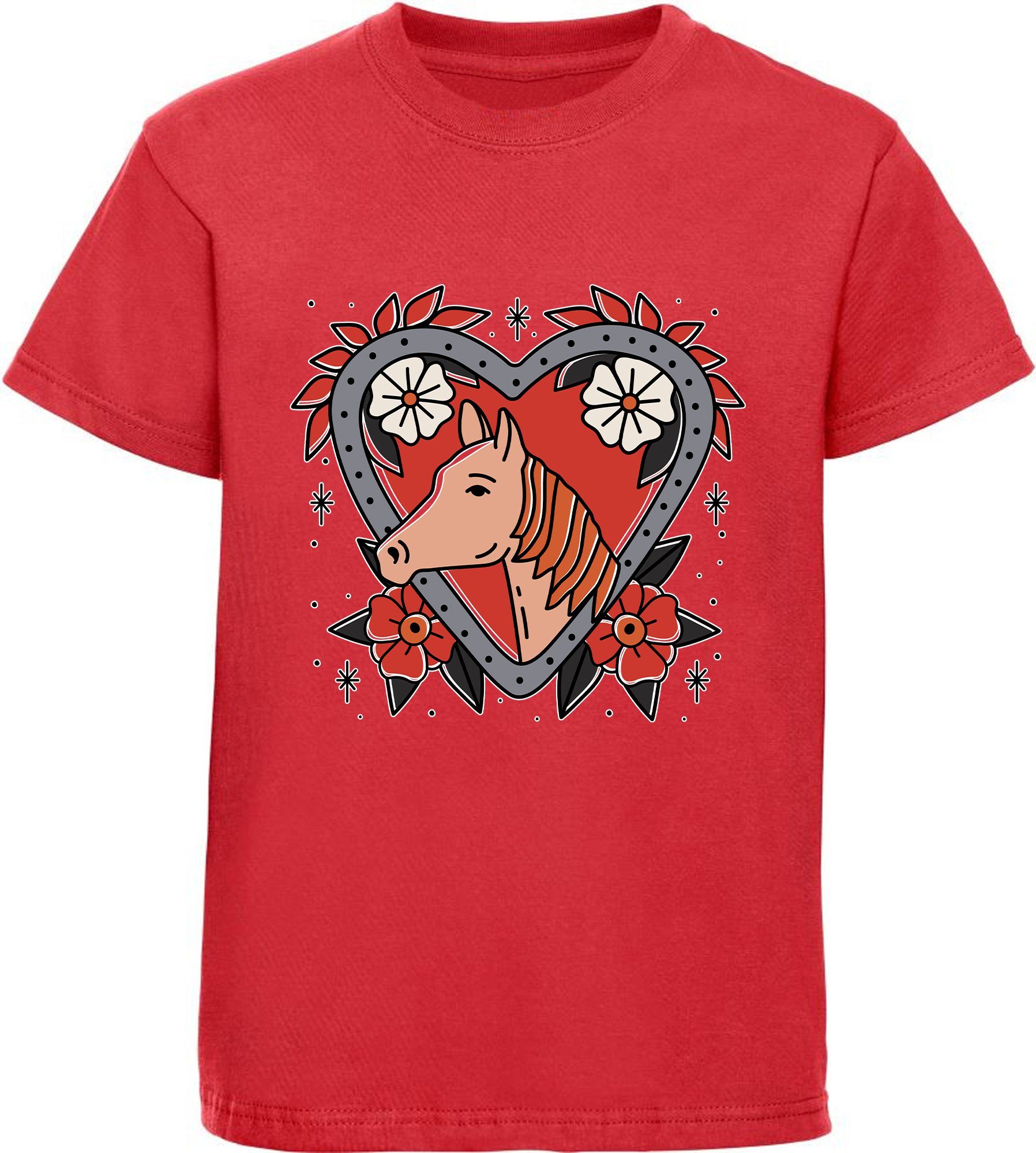 MyDesign24 Print-Shirt bedrucktes Mädchen T-Shirt mit Pferd im Blumenherz Baumwollshirt mit Aufdruck, weiß, schwarz, rot, rosa, i137