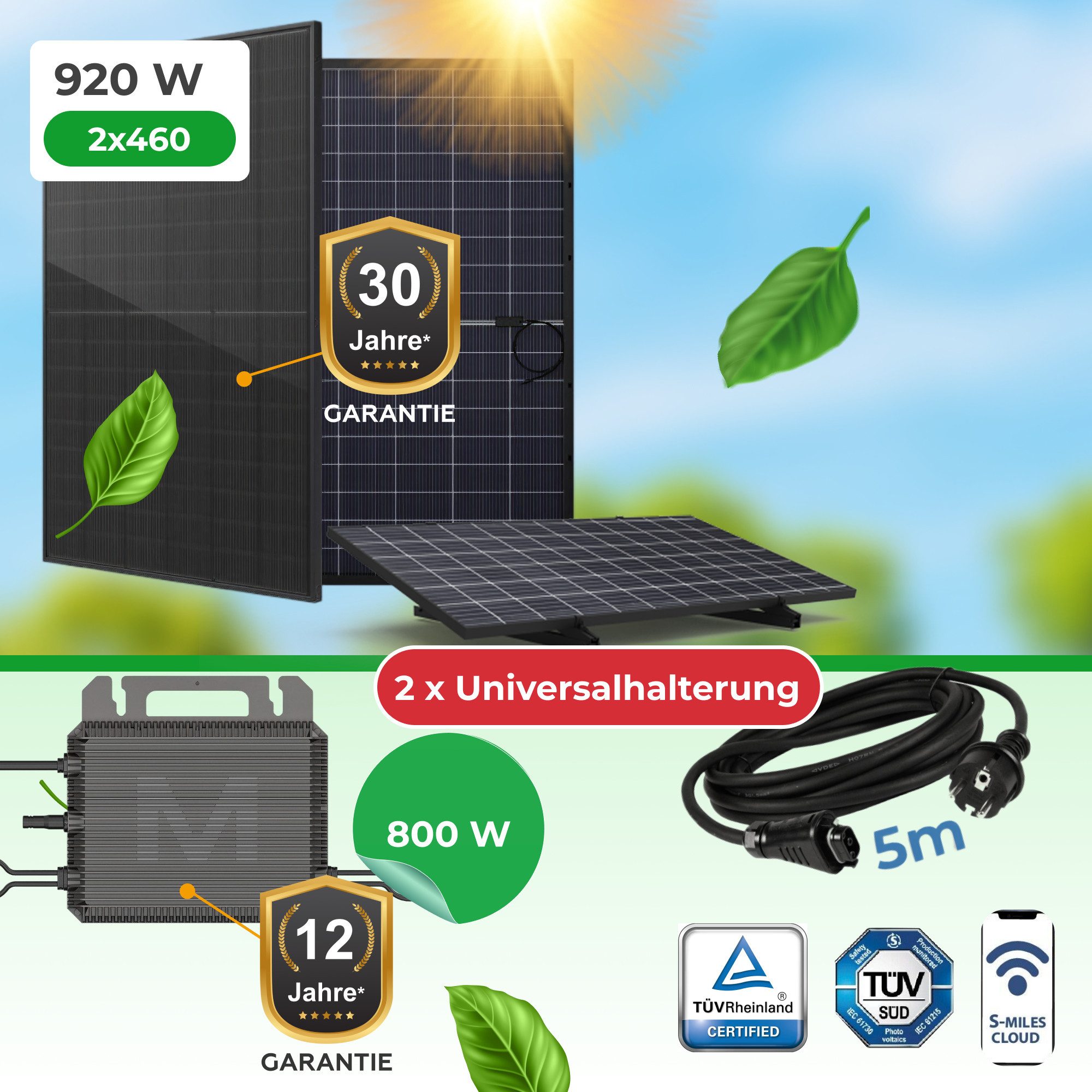 Paket.ag Balkonkraftwerk 920W mit 800W Wechselrichter, Inkl Universalhalterung, App, Wifi, (1-St)