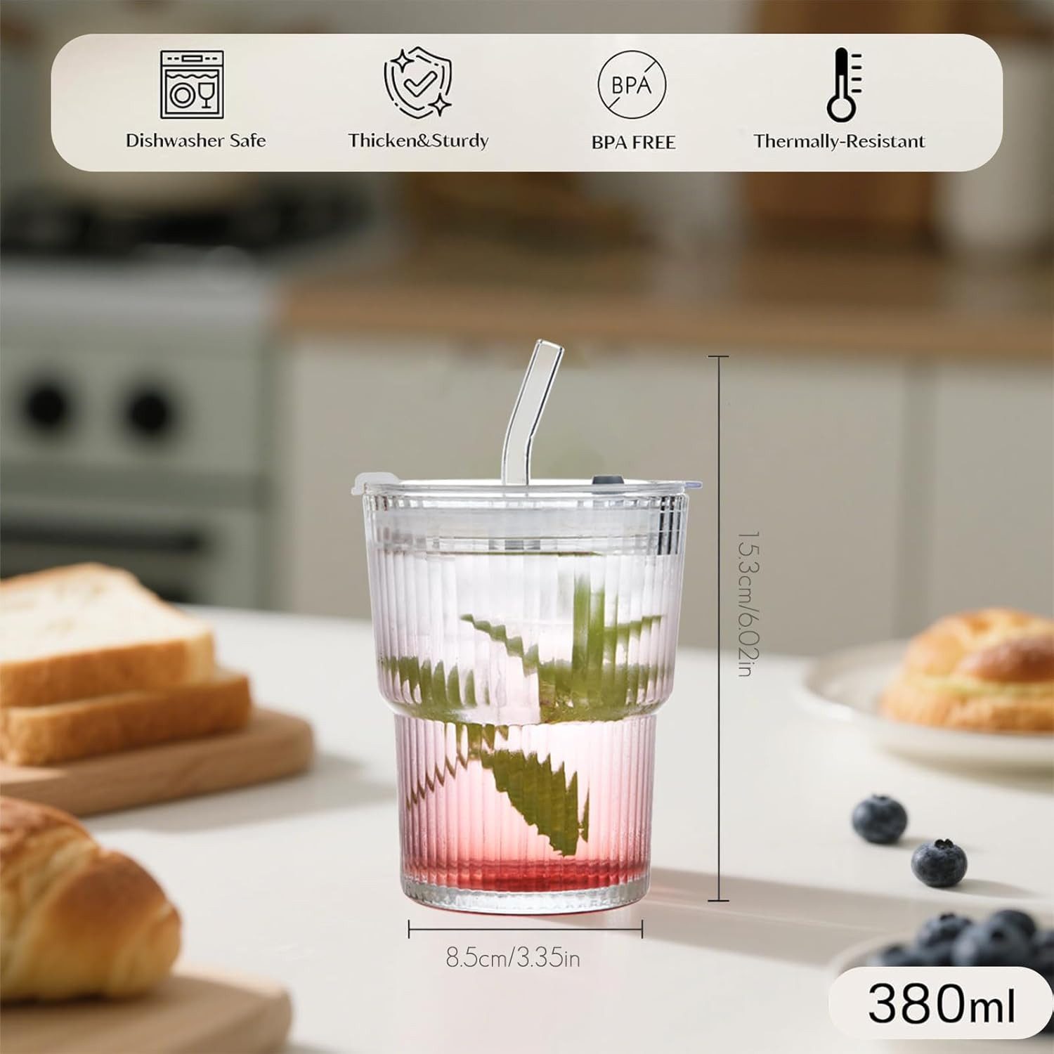 FANNOU Gläser-Set Gerippte Glasbecher mit Deckel und Strohhalm, 2-tlg., luftdichtes und wasserdichtes Design, ideal als Kaffee