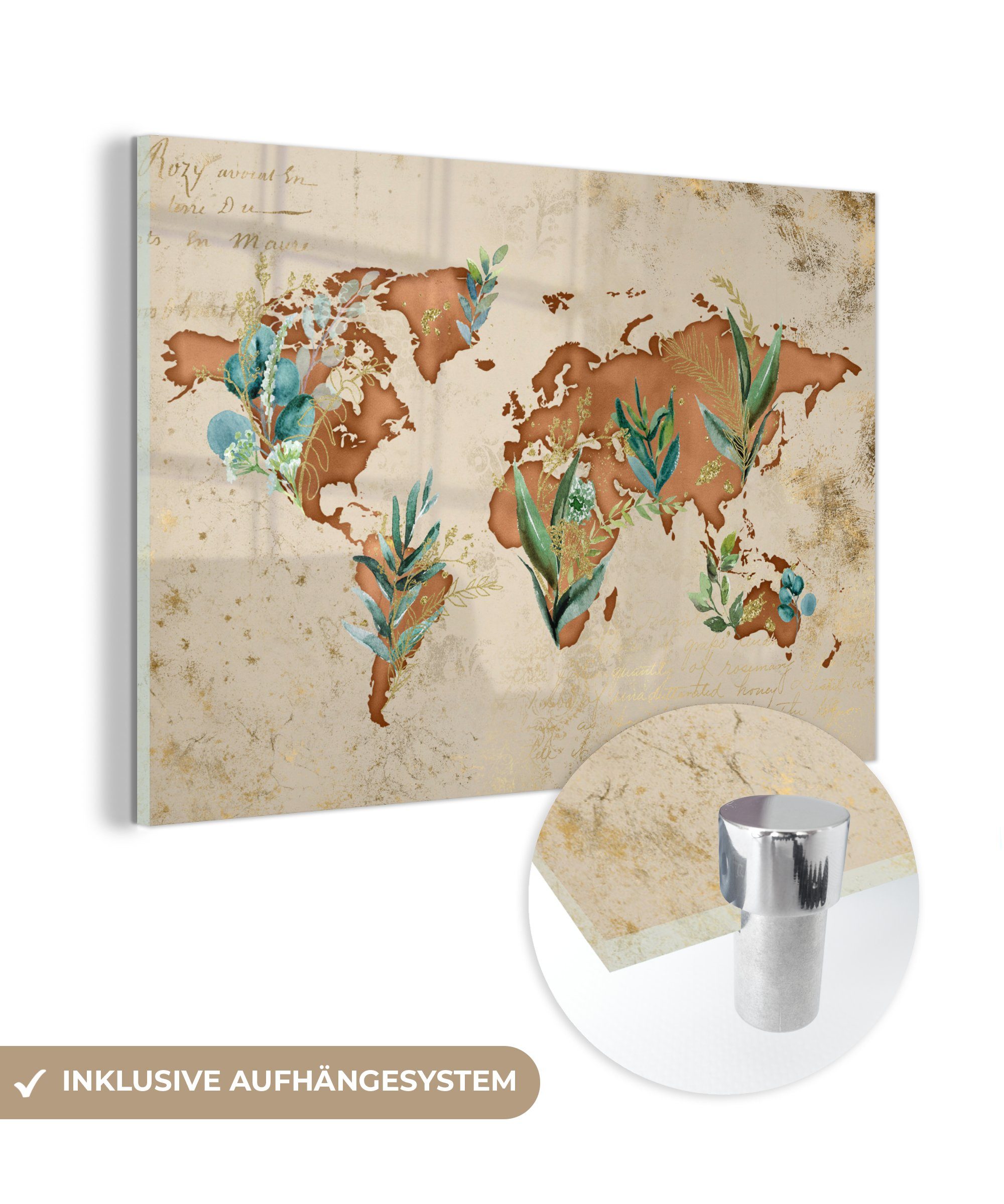 (1 St), Wanddekoration Glas Pflanzen, Weltkarte auf Papyrus MuchoWow Foto Glas Acrylglasbild Glasbilder Bilder - - auf - - Wandbild -