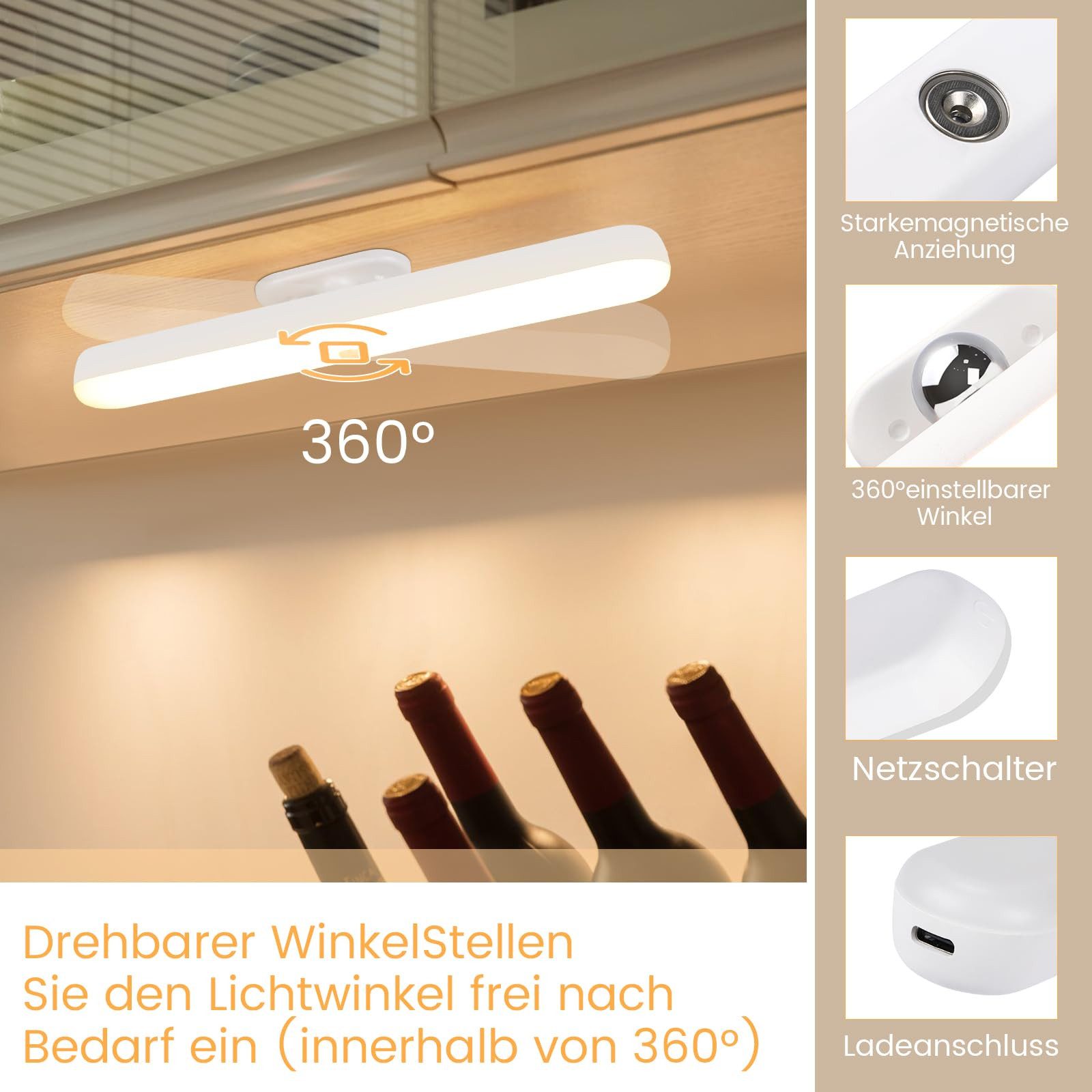 Nettlife LED Unterbauleuchte Küche Kabellos Dimmbar mit Bewegungssensor USB Aufladbar 24CM, LED fest integriert, Geeignet für, Treppenhaus, Schlafzimmer, Küche