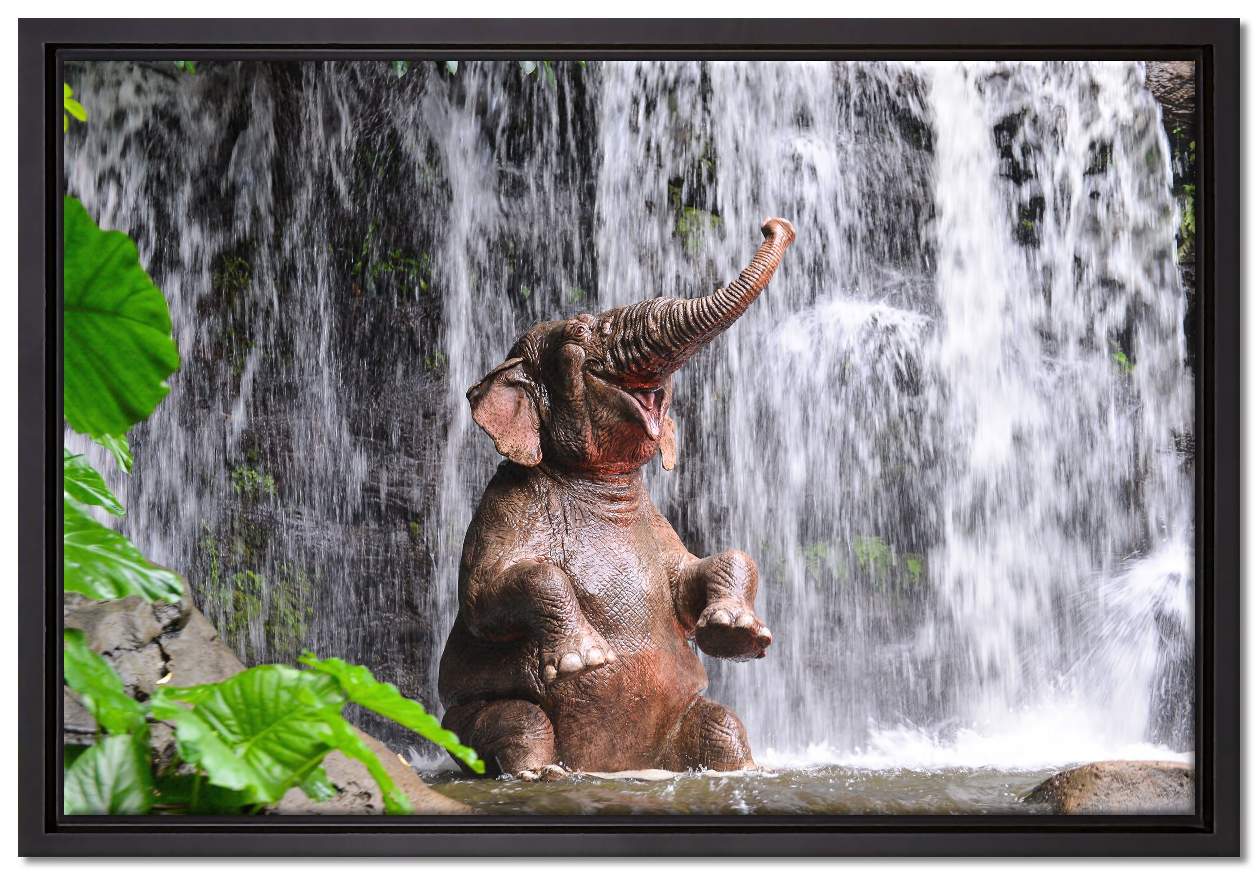 in inkl. am Zackenaufhänger Babyelefant Wasserfall, einem fertig (1 bespannt, St), Leinwandbild Pixxprint Schattenfugen-Bilderrahmen Wanddekoration gefasst, Leinwandbild