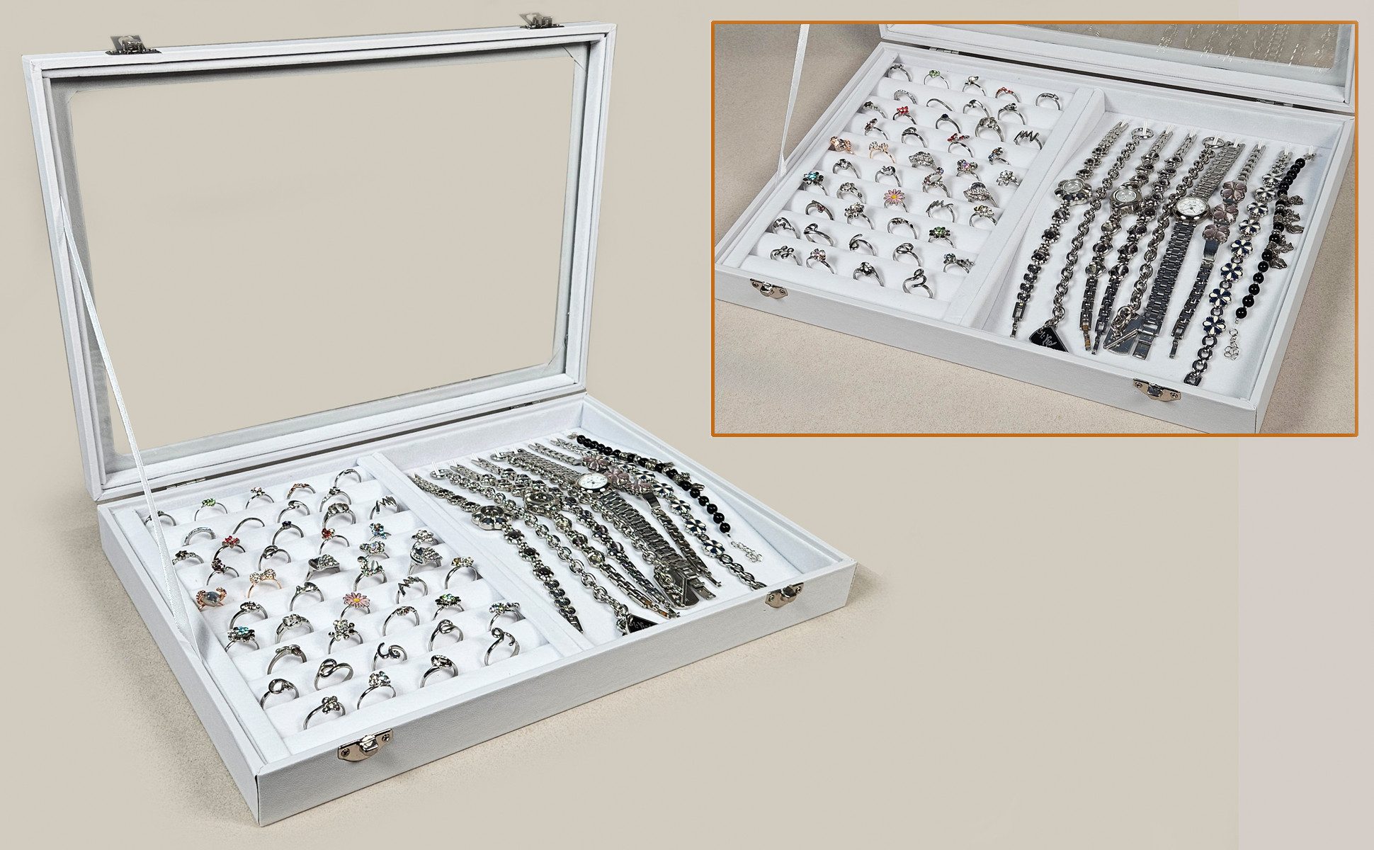 Yudu Schmuckkasten Schmucklade Schmuckkasten Schaukasten mit Glasdeckel Weiss – Bild 5 von 5