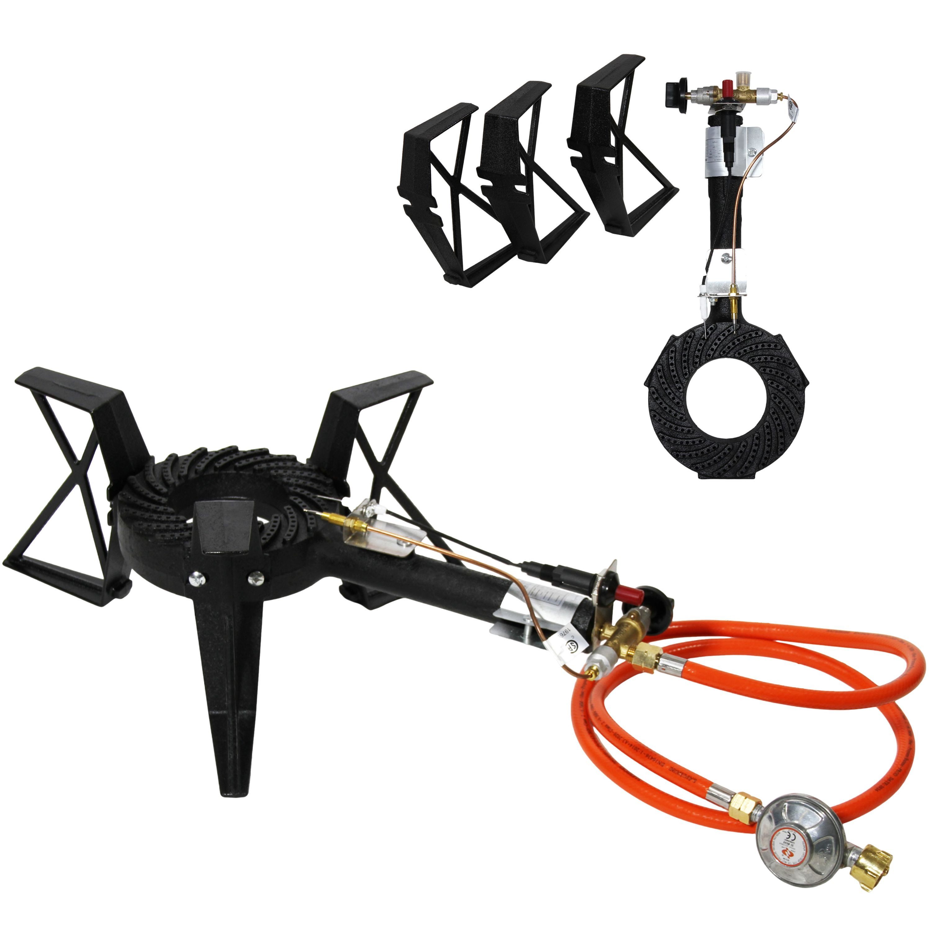 HELO24 Gaskocher Hockerkocher Gasbrenner Camping Wok 6,5kW 3-Fuß H2 + Schlauch + Regler