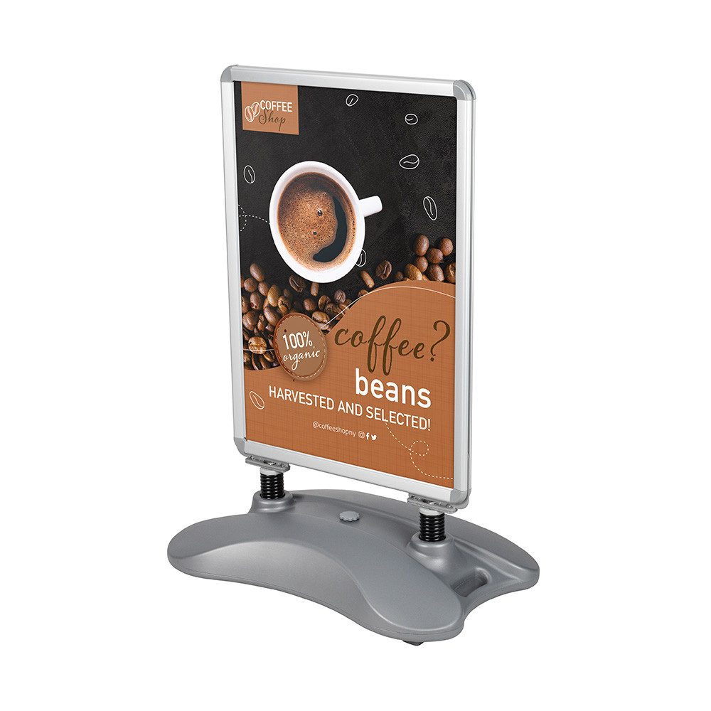 HR Direktverkauf GmbH Einzelrahmen Kundenstopper WindSign „Simple“ DIN A1 doppelseitig 32 mm-Profil, für 2 Bilder, Kunststoff-Fuß mit Wasser oder Sand befüllbar, verfahrbar durch Rollen