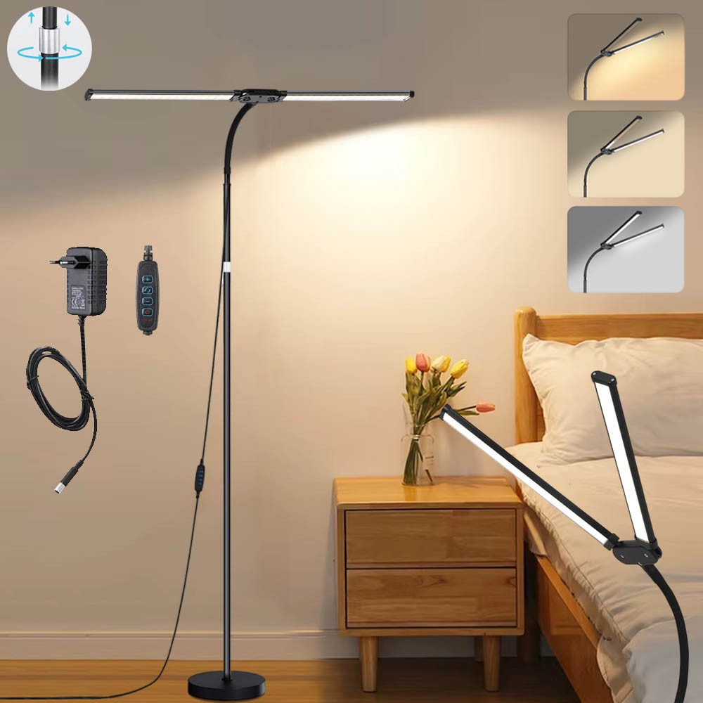 LMaxhome LED Stehlampe Dimmbar Doppelkopf Standlicht Modern 360°-Schwanenhals Leselampe Büro, EU-Stecker, LED fest integriert, 4 Höhenverstellbar(50–158CM), 10 Helligkeitsstufen, 3 Farbmodi(3000K Warmweiß, 4000K Naturweiß, 6000K Kaltweiß), Schwarz Tischla