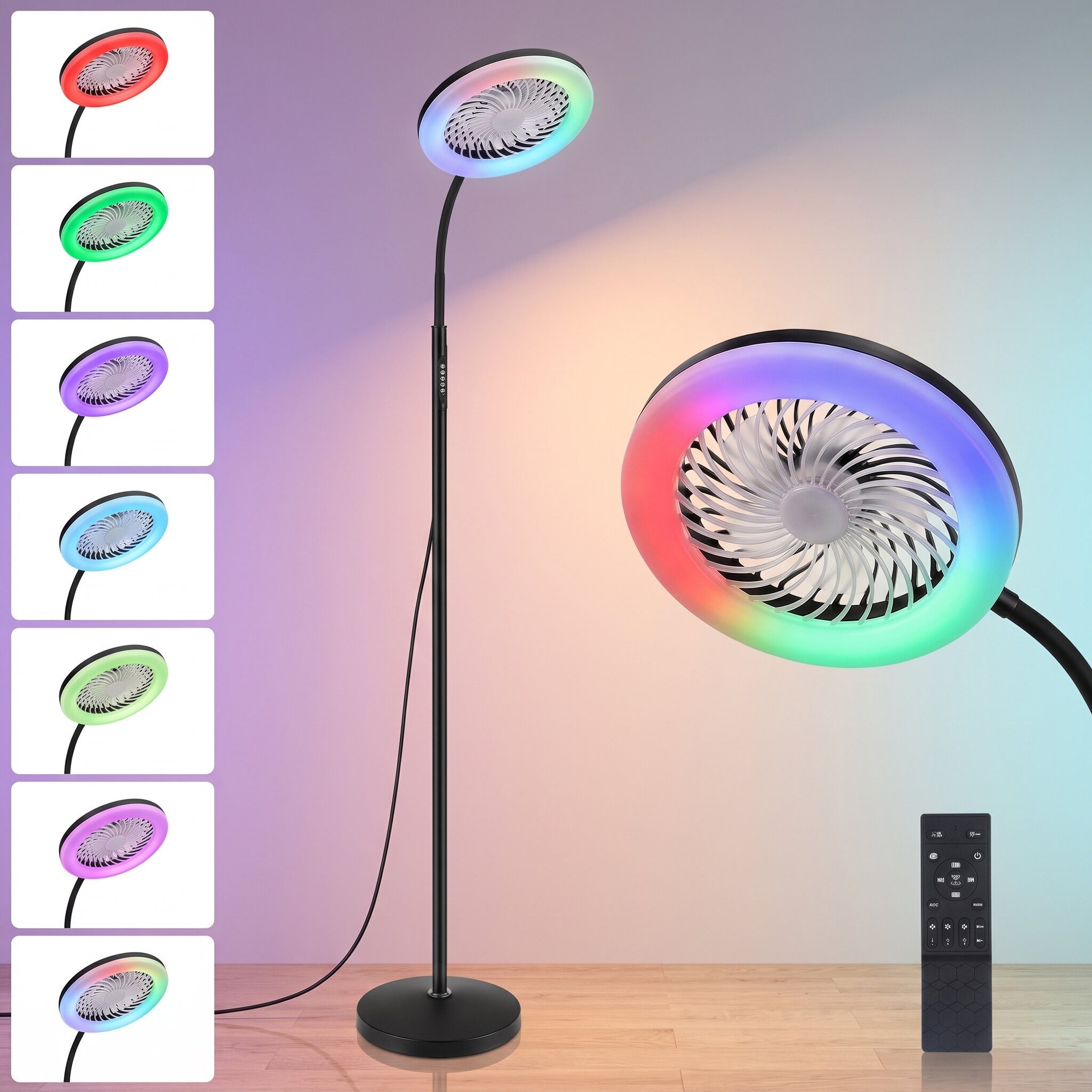 oyajia Standventilator Stehlampe mit Ventilator, 3 Windgeschwindigkeiten, RGB IC Farbwechsel, 2 in 1 RGB Stehlampe mit Ventilator, Fernbedienung, Flexibler