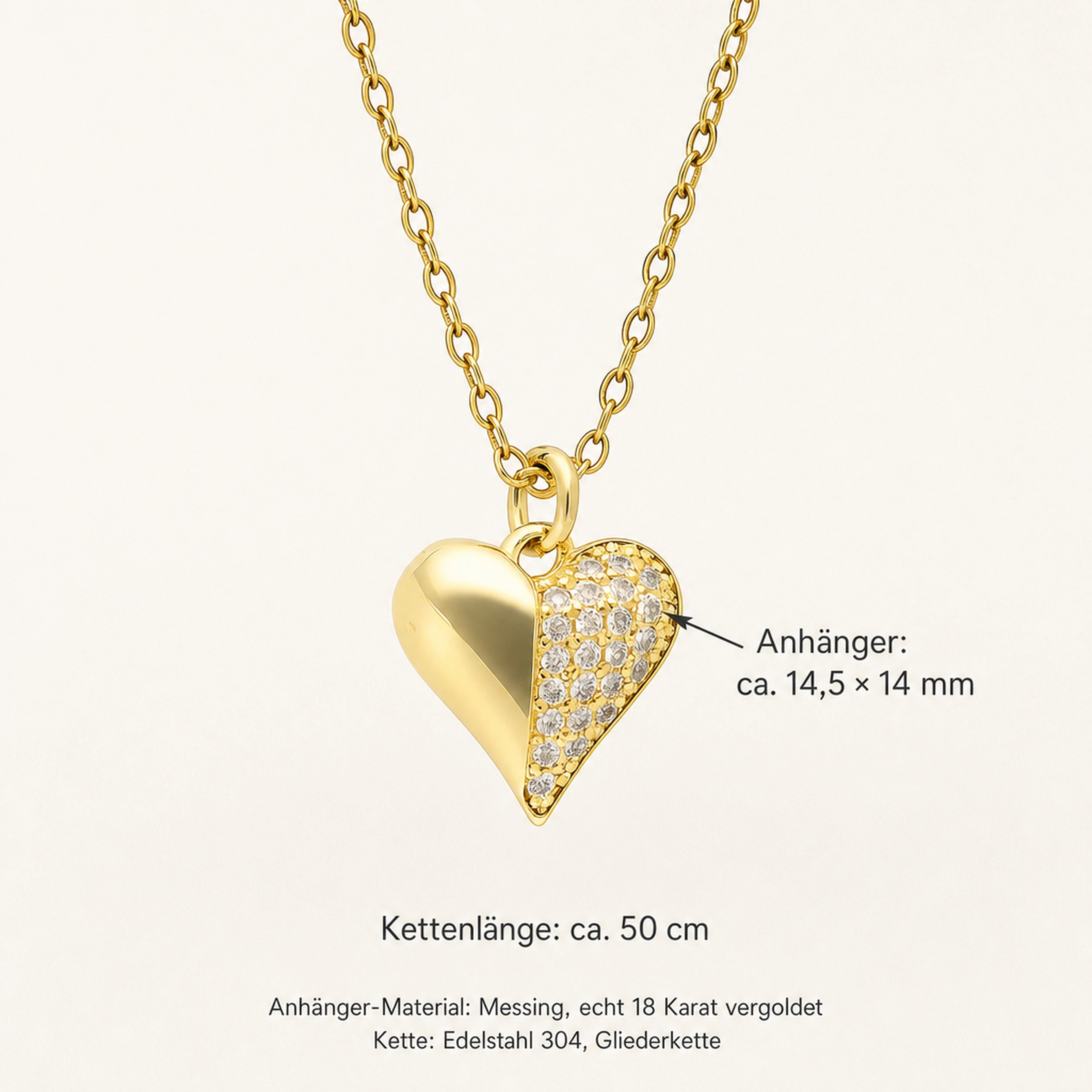 Lebensquelle Plus Kettenanhänger Herz-Anhänger Kette mit Zirkonia-Pavé – vergoldet, 50 cm – Bild 4 von 4
