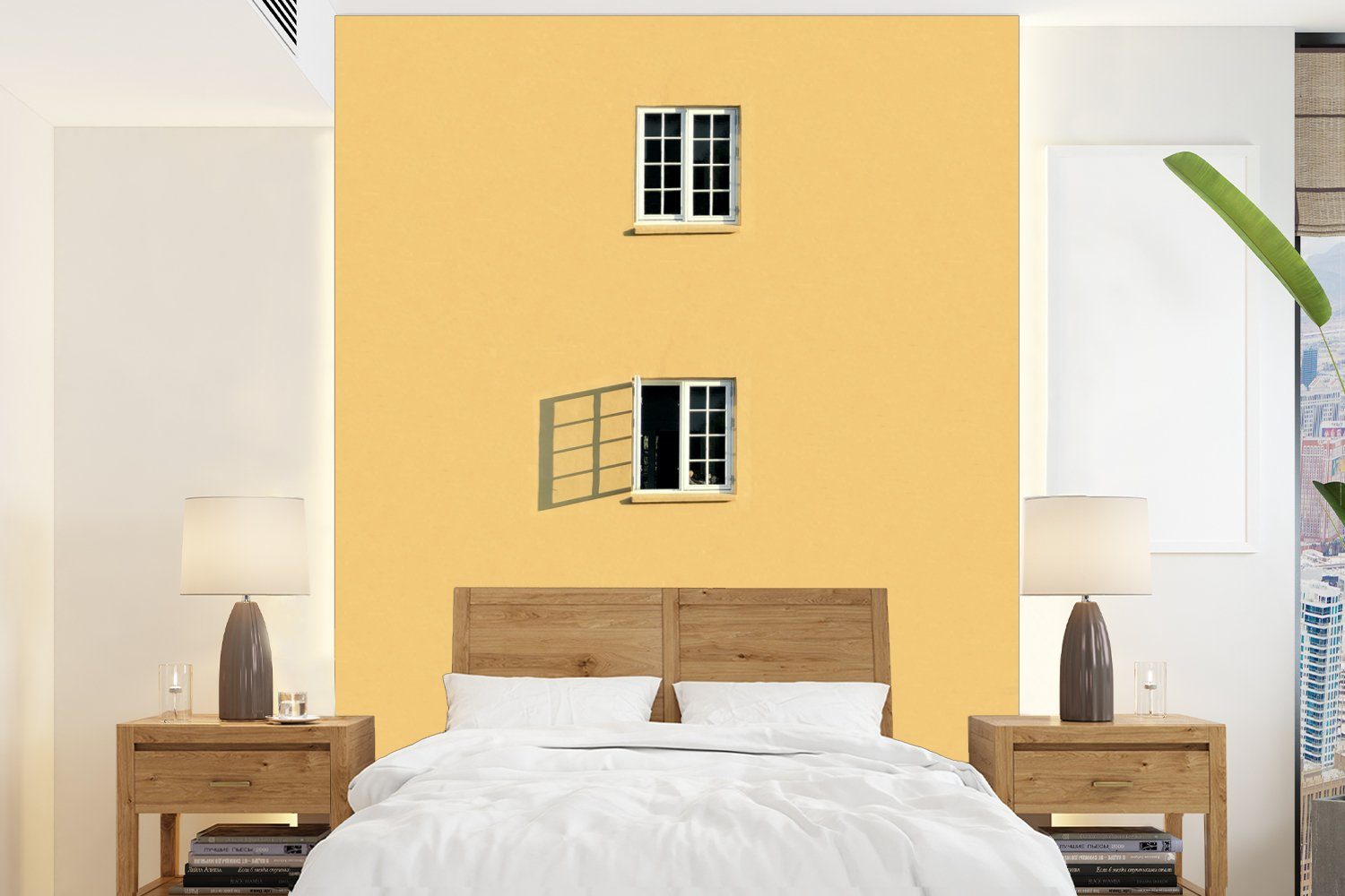 MuchoWow Fototapete Architektur - Fenster - Offen - Gelb, Matt, bedruckt, (4 St), Montagefertig Vinyl Tapete für Wohnzimmer, Wandtapete