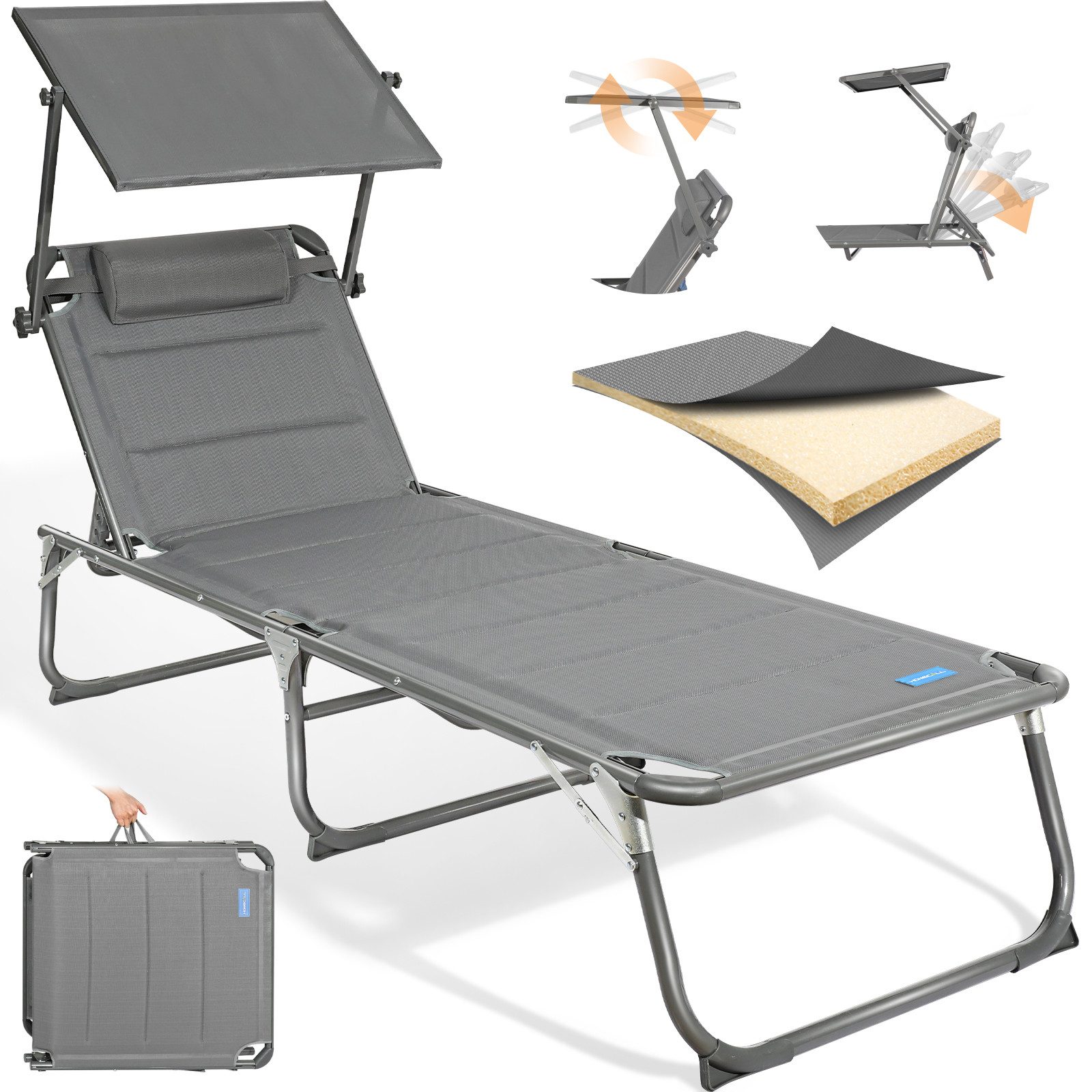 HOMECALL Gartenliege Sonnenliege AluLiege Liegestuhl Strandliege Liegen, klappbar, Textilene Mit Dickem Schwamm, Verstellbare Rückenlehne, Sonnenblende, Kopfpolster, bis 180KG