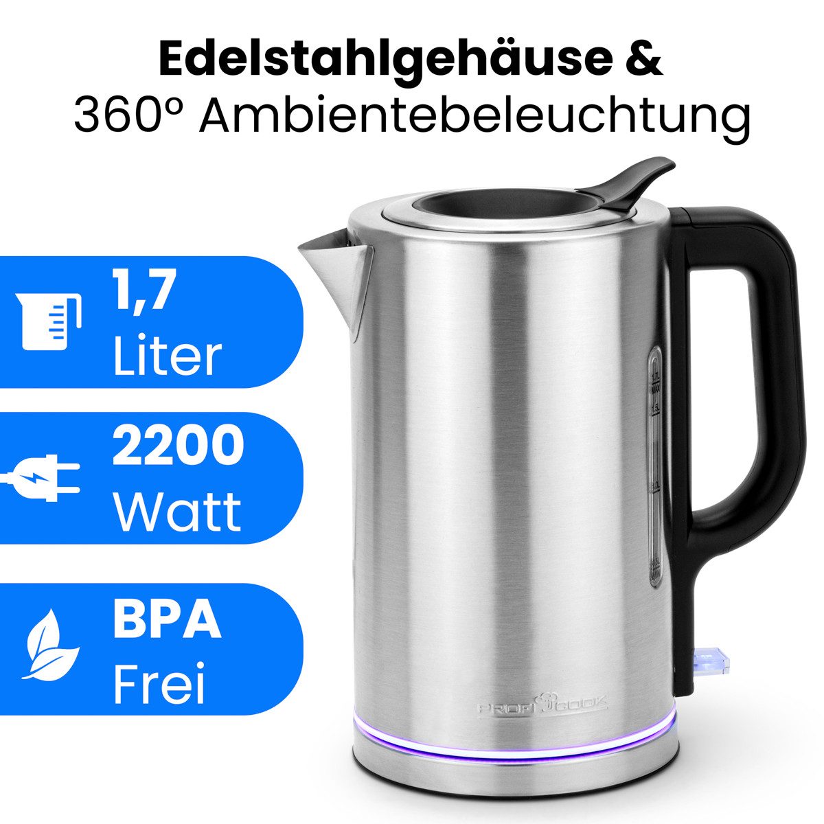 ProfiCook Wasserkocher PC-WKS 1321, 1,7L, blaue Beleuchtung, 2200W, Einhandbedienung