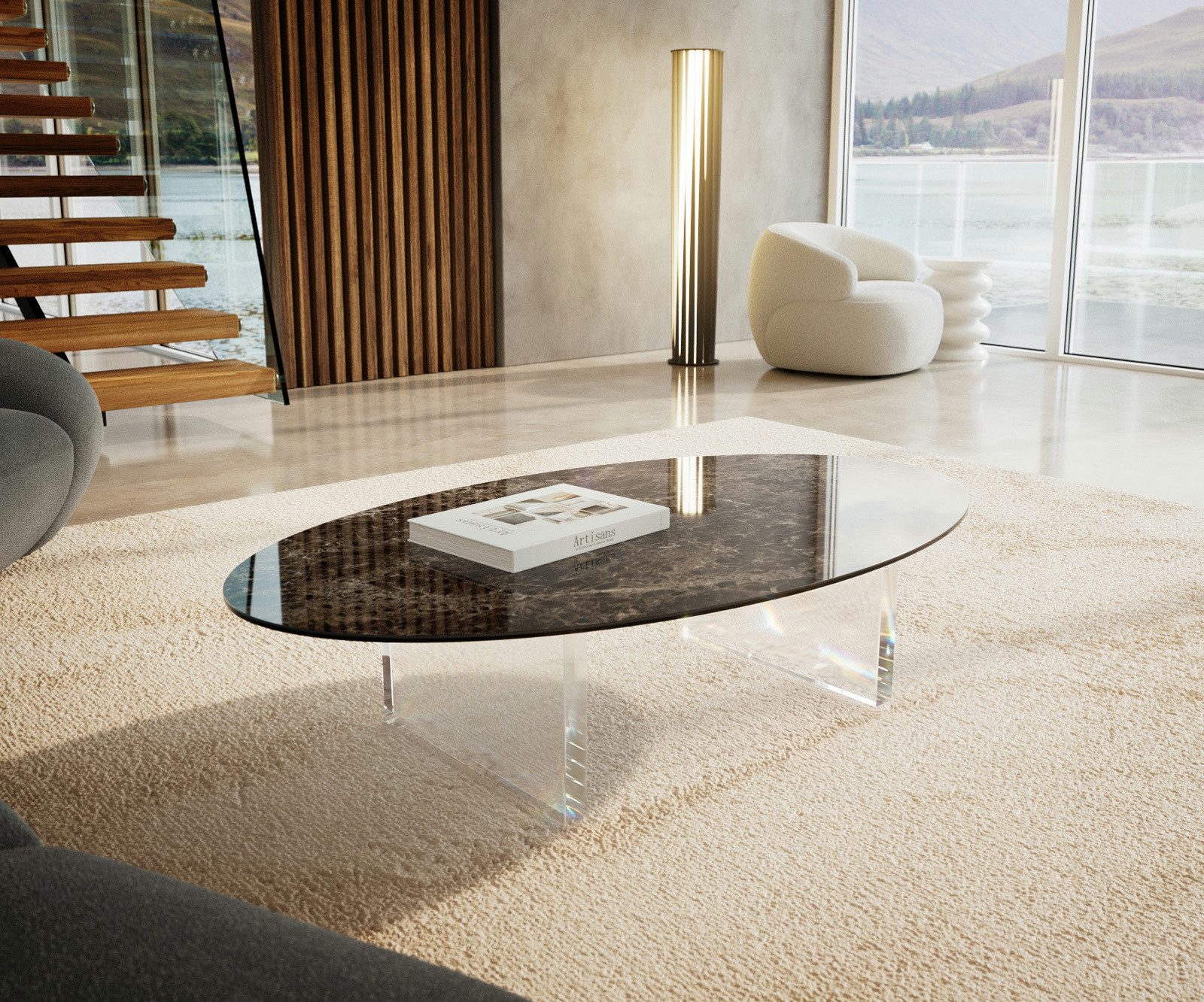 DELIFE Couchtisch Edge, Oval 140x80 cm Keramik Emperador Extra Lucidato Dunkelbraun Lumia Acry