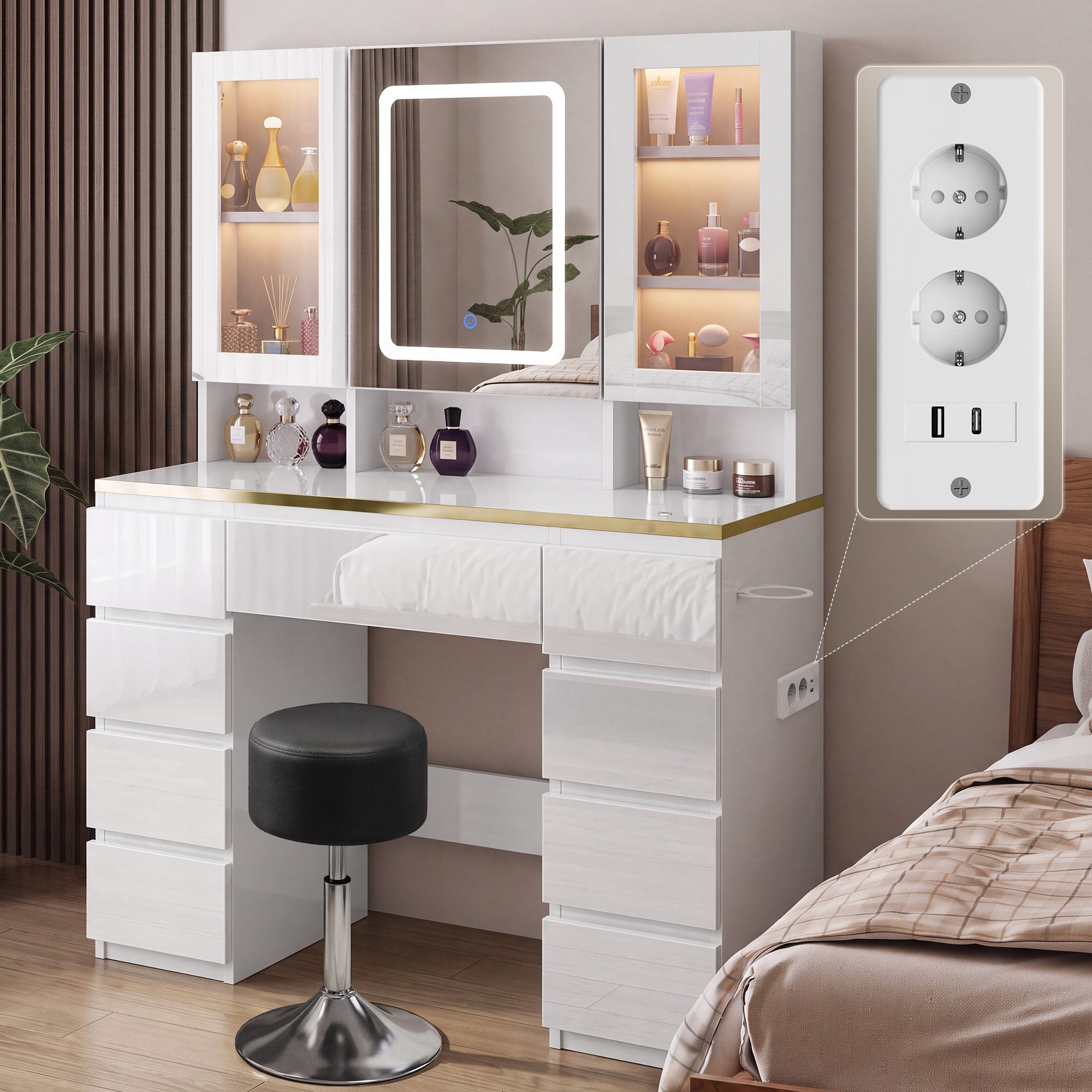 HOMALL Schminktisch LED-Schminktisch mit Spiegel, 108 cm breit, Hocker-Set optional (Gesamtmaße: 108 × 40 × 146 cm, mit 9 Schubladen, 3 offenen Ablagefächern, 2 – Bild 3 von 5