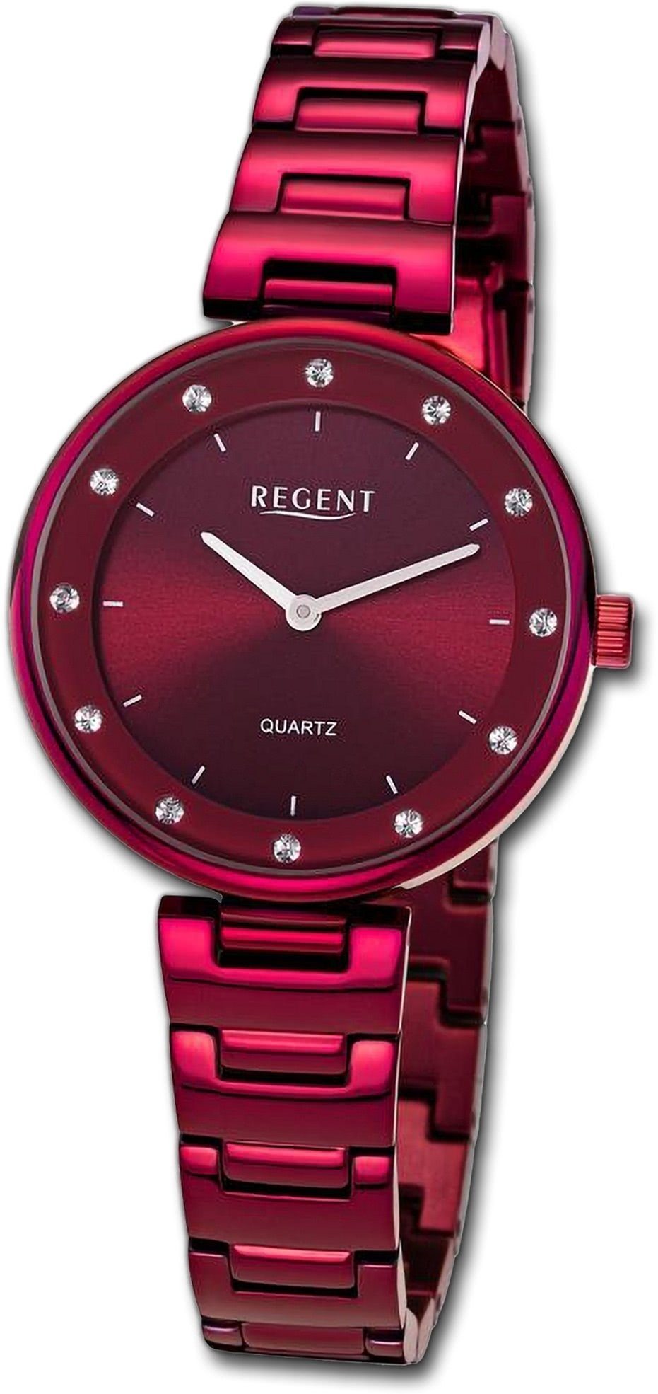 Regent Quarzuhr Regent Damen Armbanduhr Analog, Damenuhr Metallarmband rot, rundes Gehäuse, extra groß (ca. 34mm)