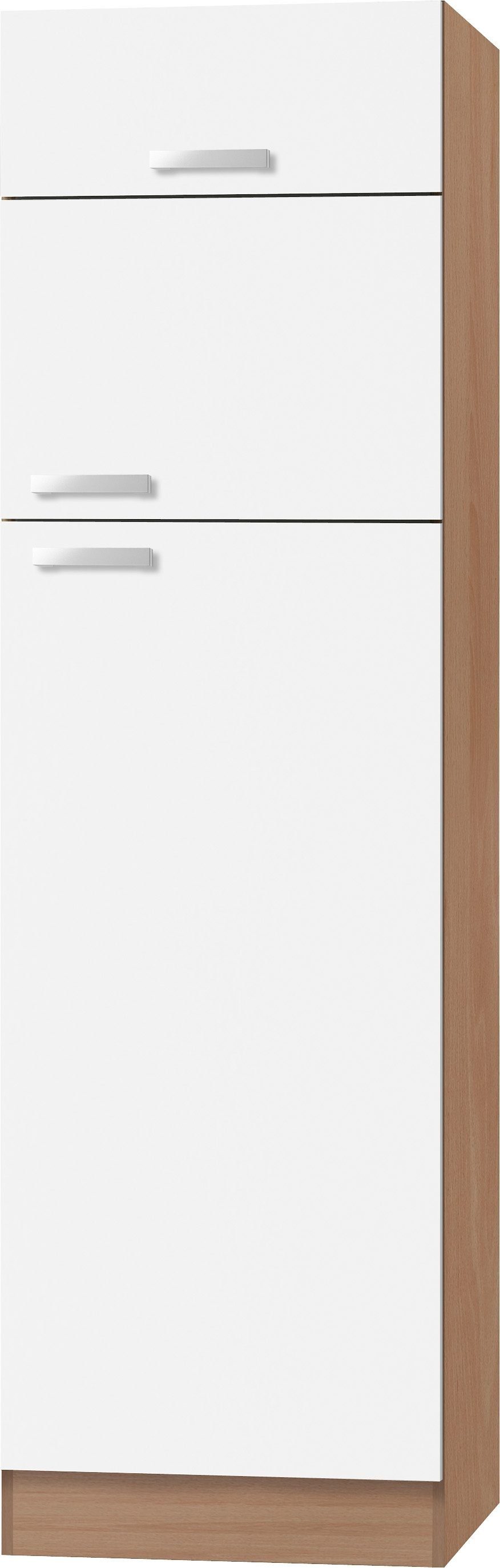 OPTIFIT Kühlumbauschrank Odense 60 cm breit, 207 cm hoch, für Kühlgefrierkombinationen maß 144 cm weiß/buche | buchefarben