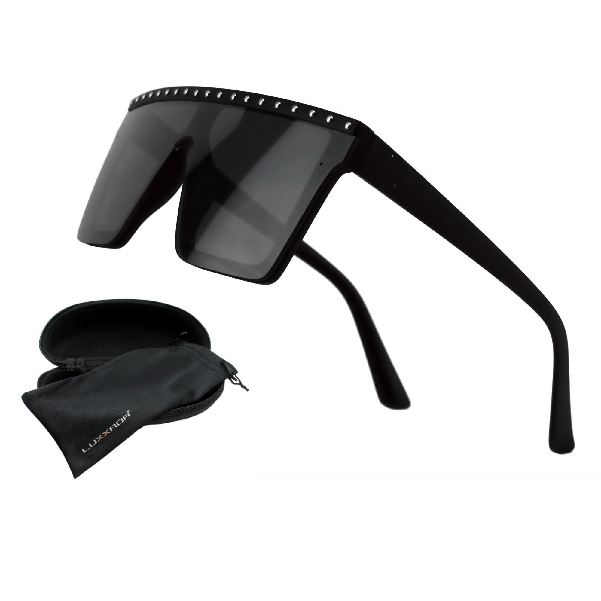 Vaccari-design Sonnenbrille (Damen Festival Techno Brille mit Hardcase) Raver Festival Brille Große Gläser Flattop mit Nieten