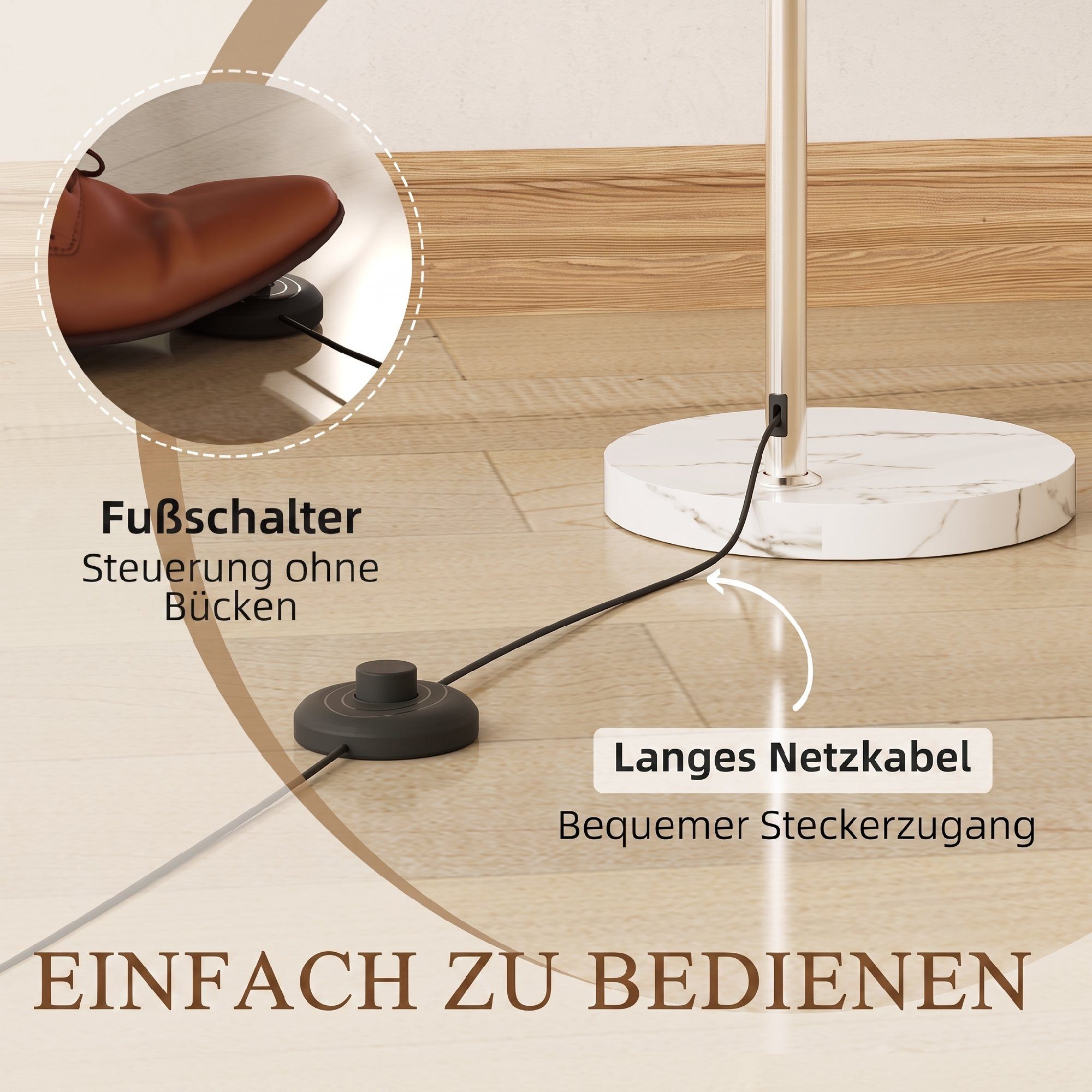 HOMCOM Stehlampe Standleuchte mit Marmorsockel, Lampenschirm, Fußschalter, E27 Fassung, Ein-,Ausschalter, ohne Leuchtmittel, für Schlafzimmer Büro, exkl. Glühbi – Bild 5 von 5