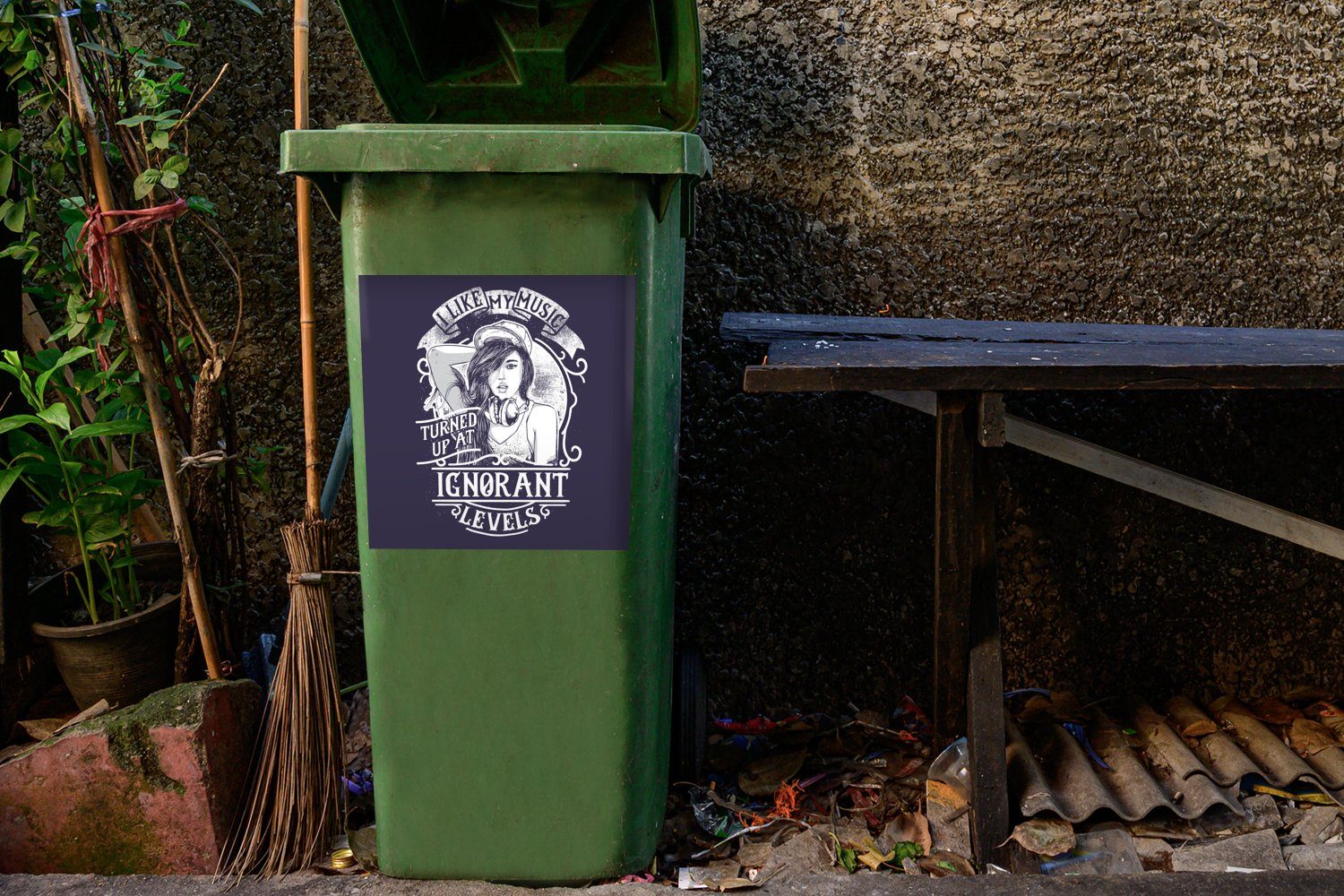 Sticker, (1 - Wandsticker Mülltonne, Abfalbehälter Zitat Kopfhörer MuchoWow - St), - Retro Mülleimer-aufkleber, Container, Frauen