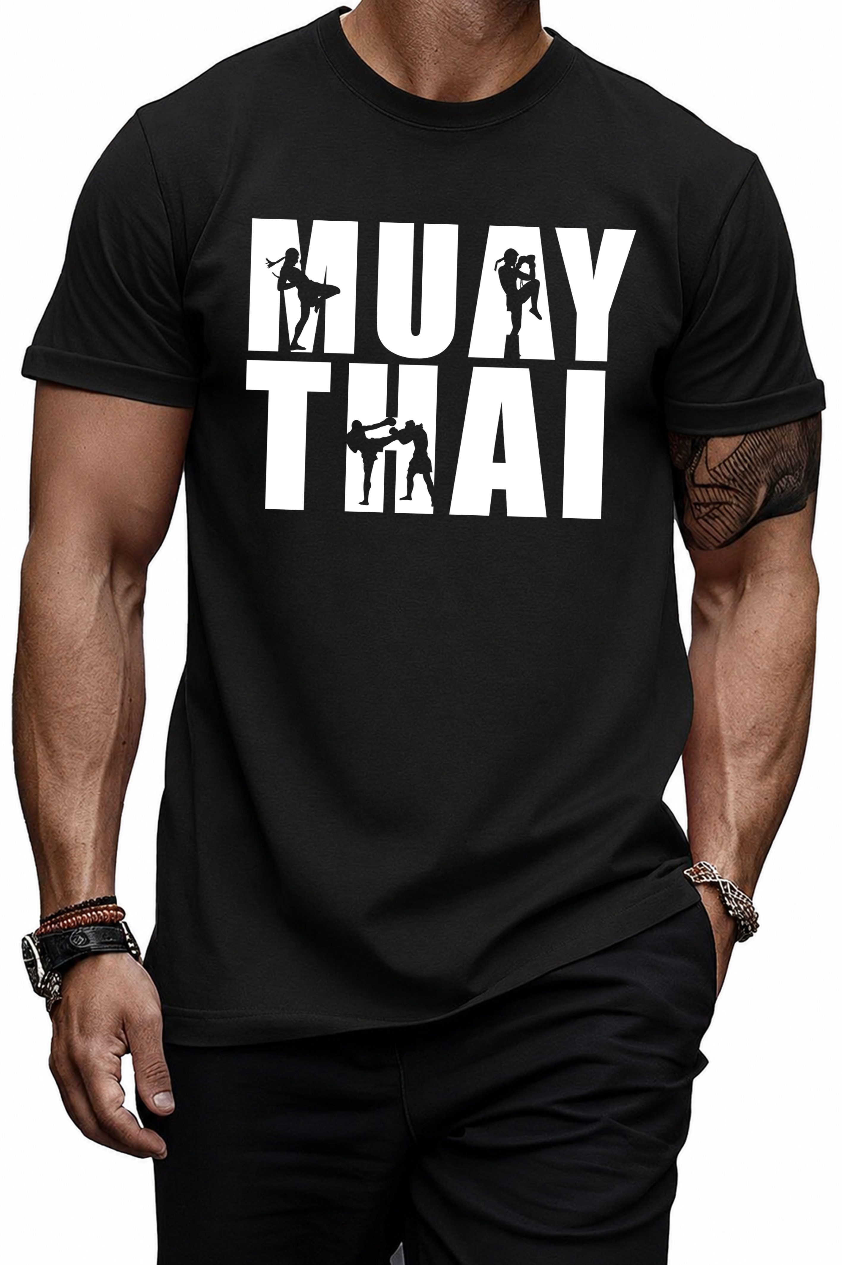 Banco T-Shirt Herren Muay Thai Boxen Kampfsport Printshirt Kurzarm Rundhals Muay-Thai-Frontprint mit Kämpfer-Silhouetten im Streetwear-Look