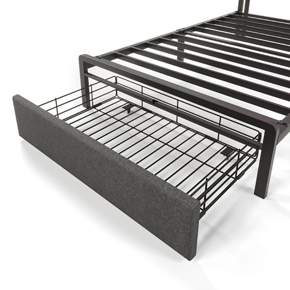 Polsterbett (90 x 200cm Stauraumbett mit Lattenrost, Schublade und LED-Beleuchtung), Ladefunktion Stauraum-Kopfteil, Einzelbett aus Stahlrahmen, Leinen