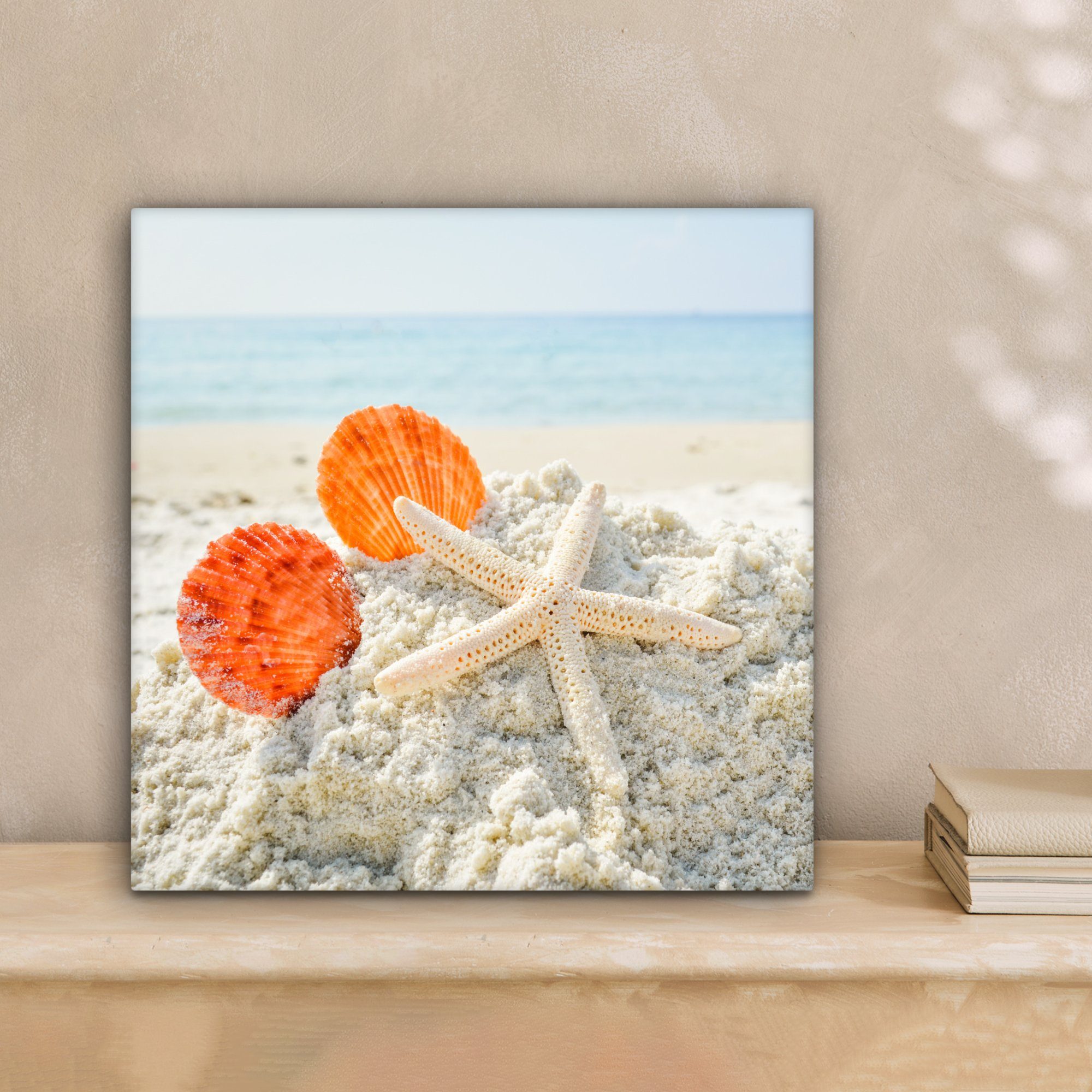 Wohnzimmer Leinwand cm (1 Schlafzimmer, - 20x20 OneMillionCanvasses® Bilder Seesterne, - St), Strand Muscheln Leinwandbild für