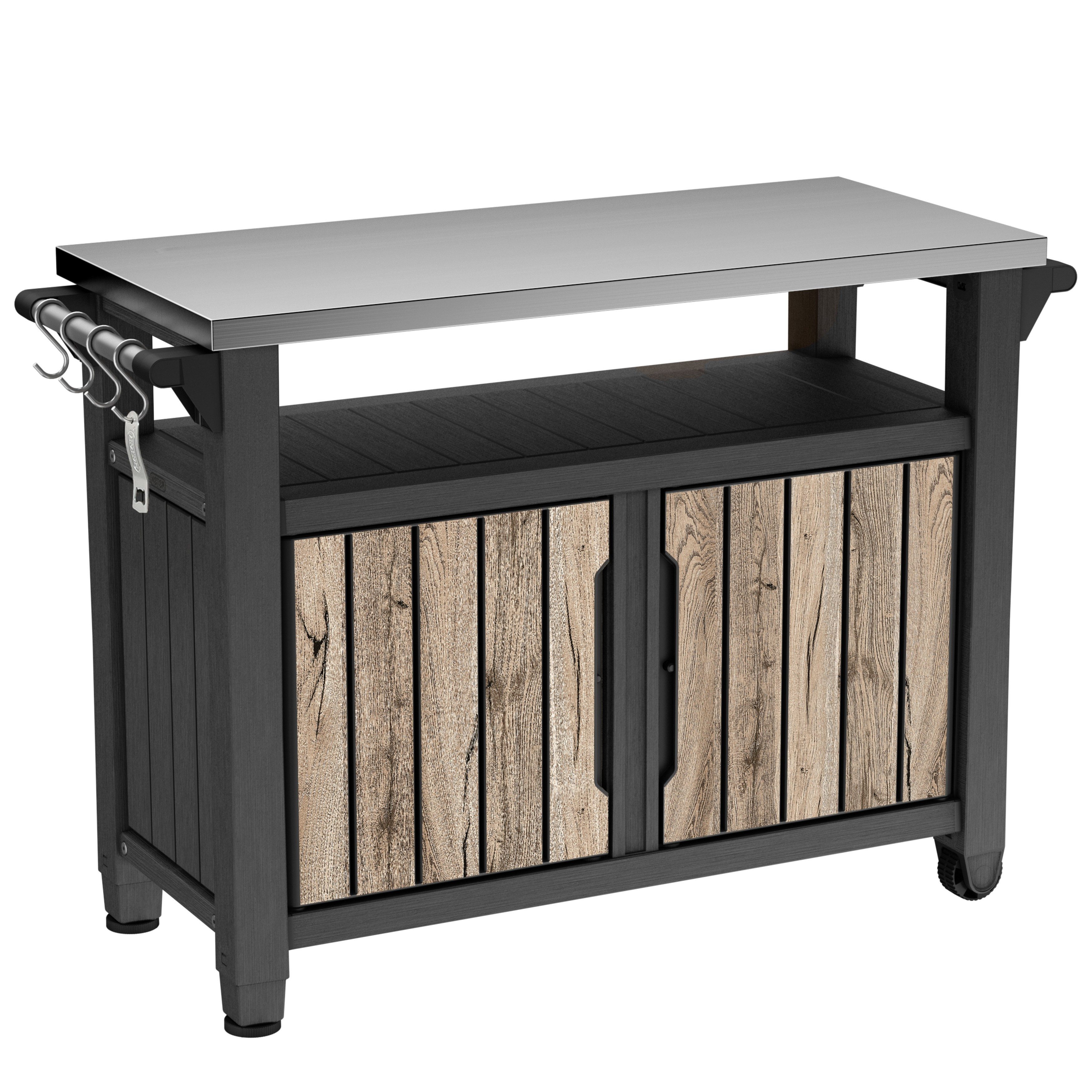 Keter Grillablagetisch UNITY XL in Holzoptik Pinie, aus Kunststoff mit Edelstahlplatte (mit Küchenrollenhalterung, Aufhängungen), abschließbar, UV- und witterungsbeständig