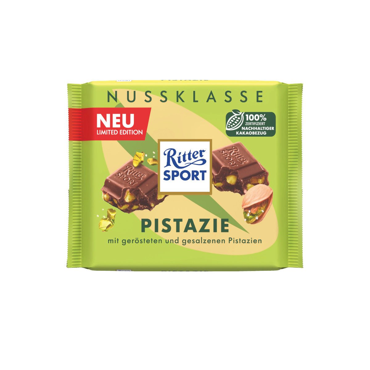Ritter SPORT Schokolade, Ritter Sport Nussklasse Pistazie Vollmilchschokolade Packung 100g