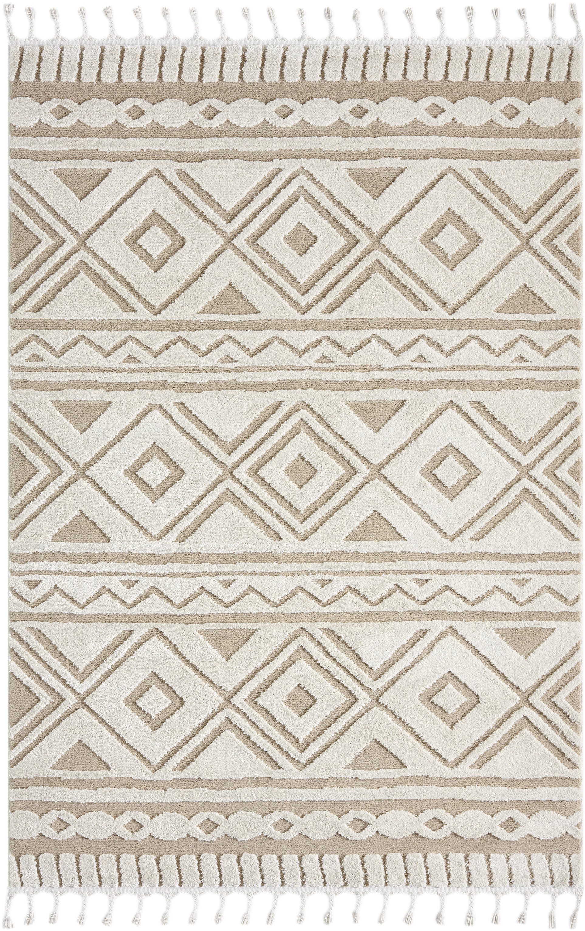 OTTO home Teppich Bonvo, rechteckig, Höhe: 19 mm, mit Fransen, Hoch-Tief-Struktur, Wohnzimmer, Schlafzimmer, Boho-Style
