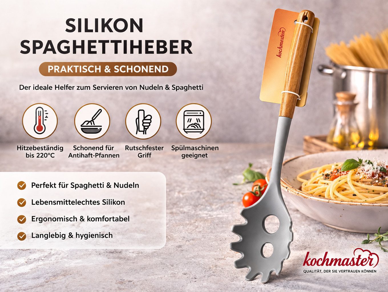 kochmaster Spaghettizange kochmaster Silikon Spaghettiheber – Hitzebeständig