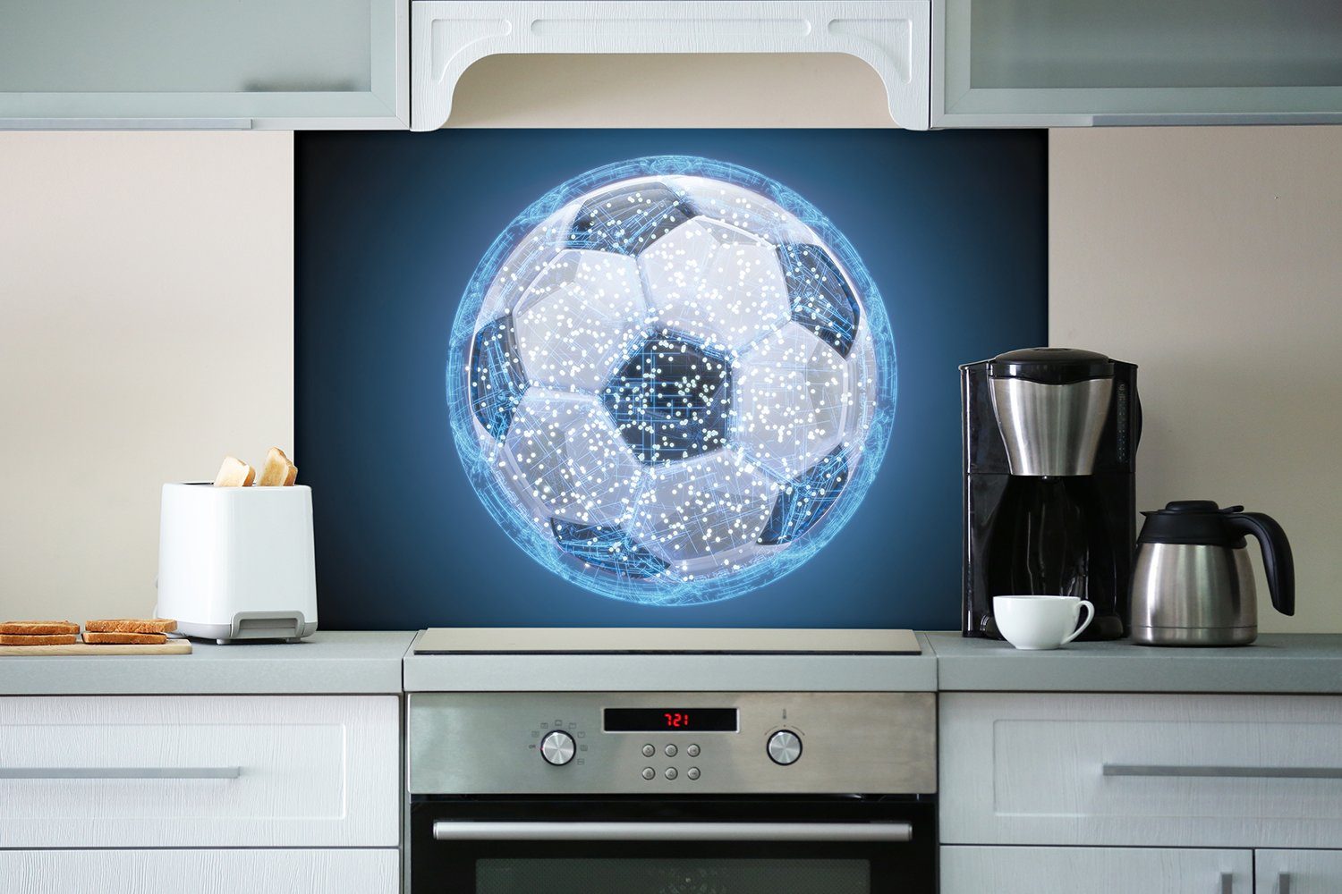 in Wallario Küchenrückwand Fußball - digital Netzwerk blau, (1-tlg)