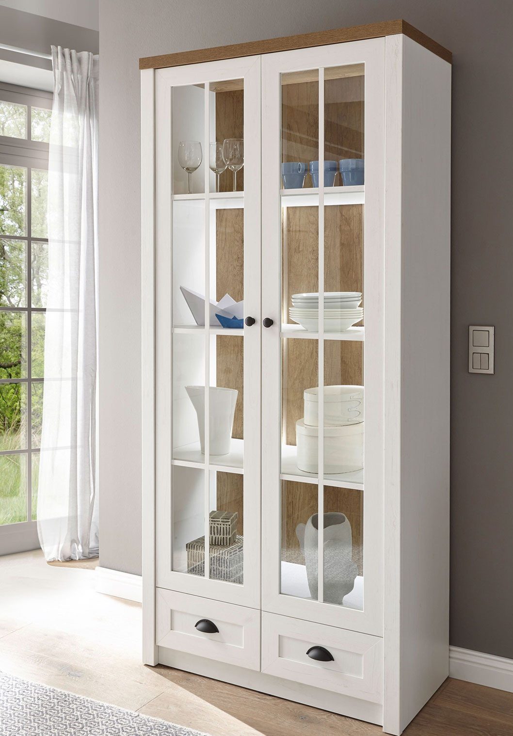Feldmann-Wohnen Vitrine Provence (mit Drehtüren, Schubladen, Einlegeböden, 1-St., moderner Landhausstil, mit Glaseinsatz) 90x43x198cm