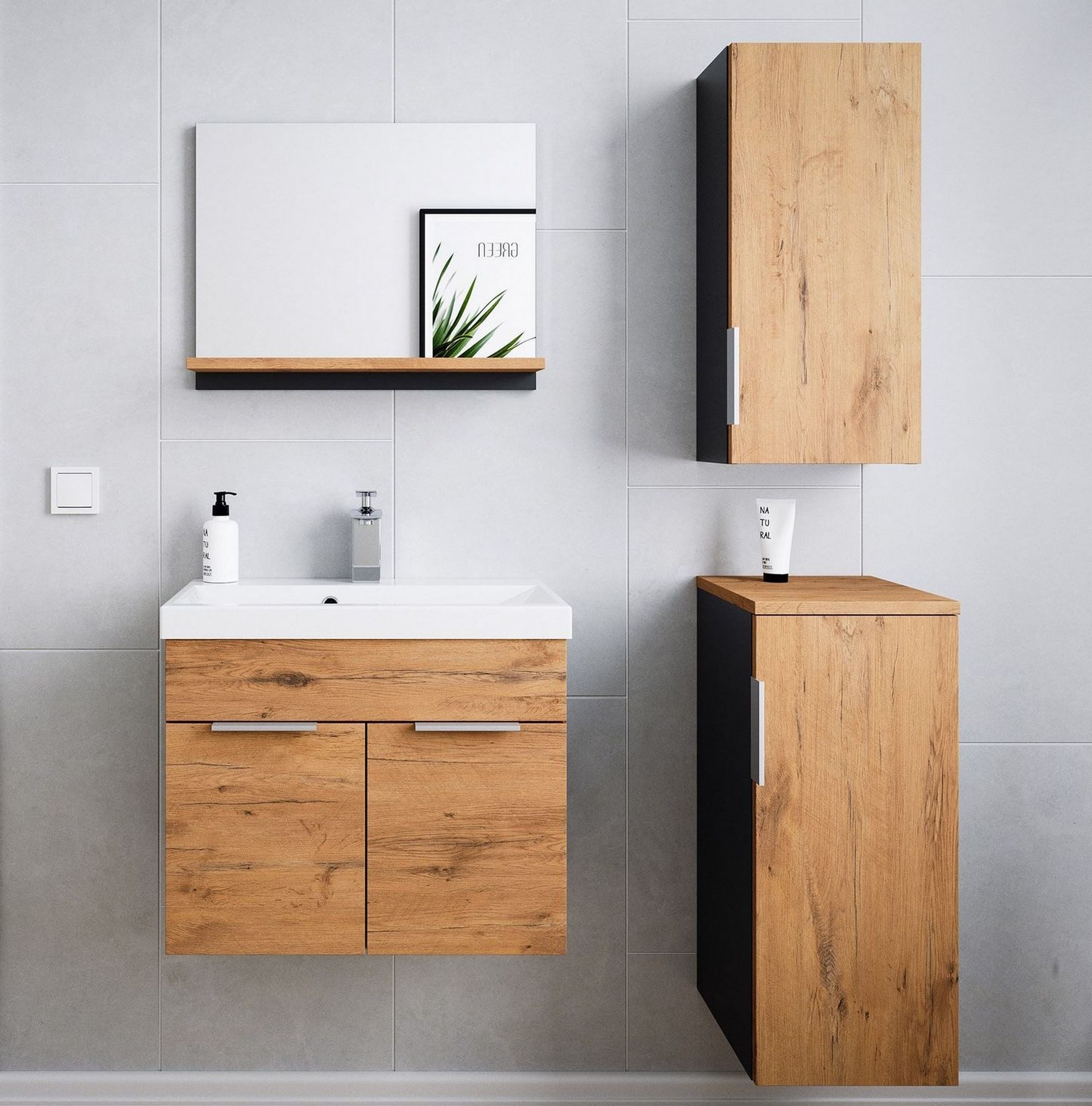 Posseik Badmöbel-Set Badmöbelset 4-tlg "Lago" Oak/grafit matt