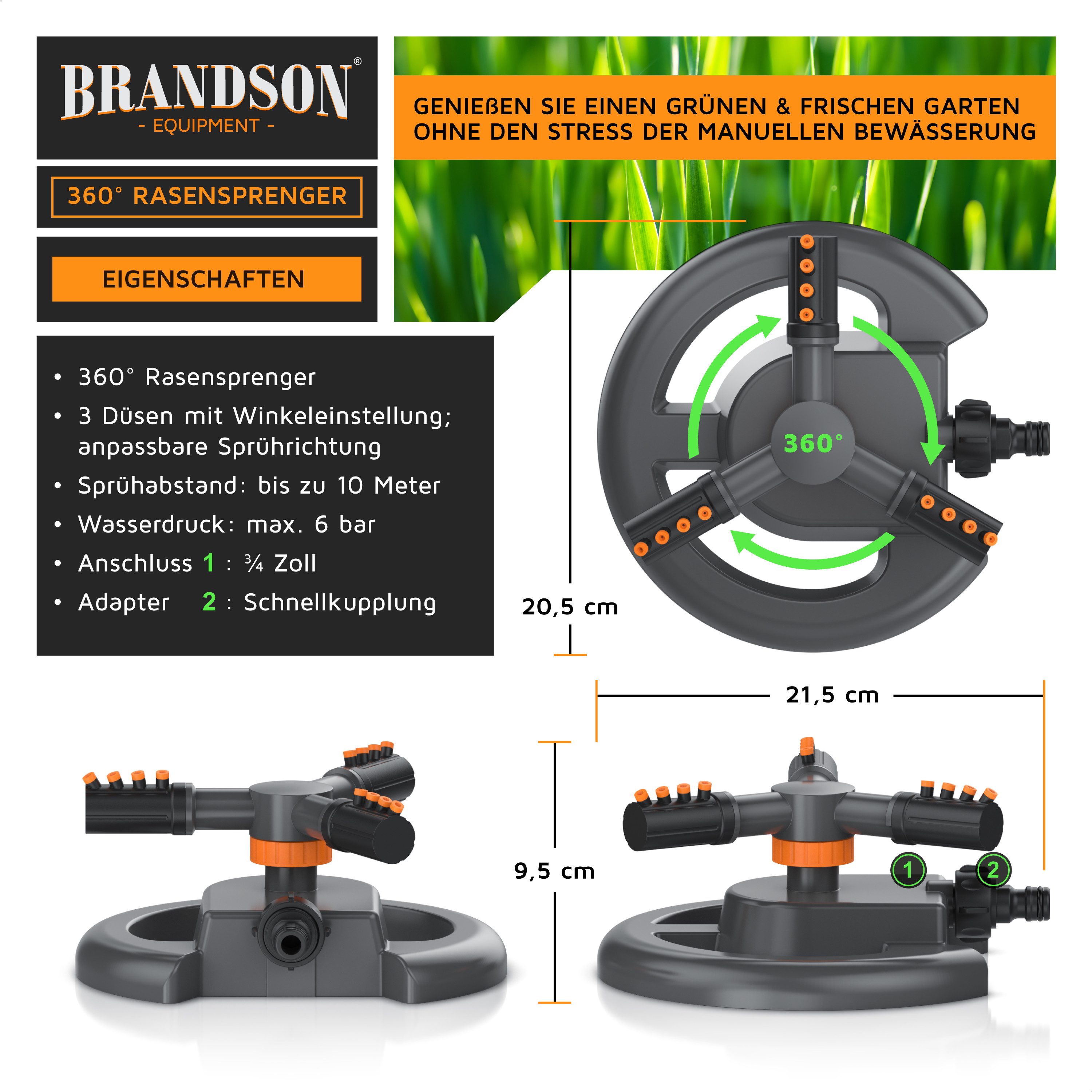 Brandson Kreisregner Garten Sprinkler, 360° Rasensprenger, 3 Arm Rasensnsprikler rotierend, für Flächen bis 314 m², (1-St), Sprenger Bewässerungssystem, Bewässerungsanlagen, Gardena kompatibel