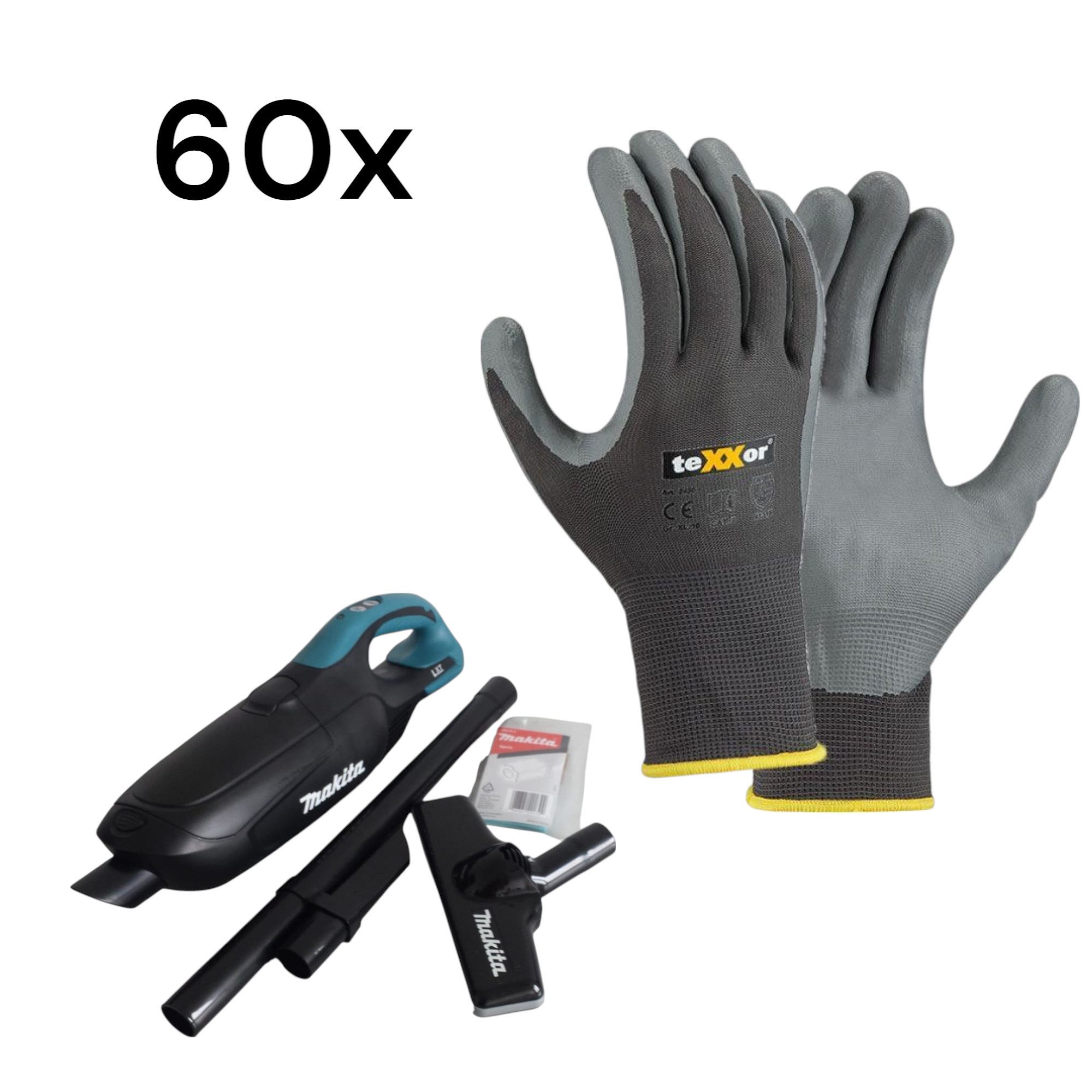 Makita Makita DCL182ZB Akku-Staubsauger + 60 Stck. K030 Polyester-Handschuhe Staubsauger-Akku