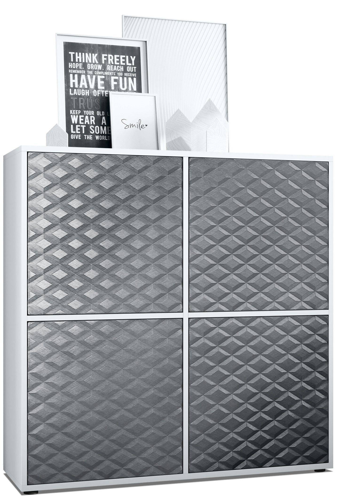 Vladon Highboard Cuba (Anrichte, mit 2 Türen, dahinter 8 Fächer), Weiß matt/Stahlgrau 3D Struktur (104 x 105,5 x 35,5 cm)