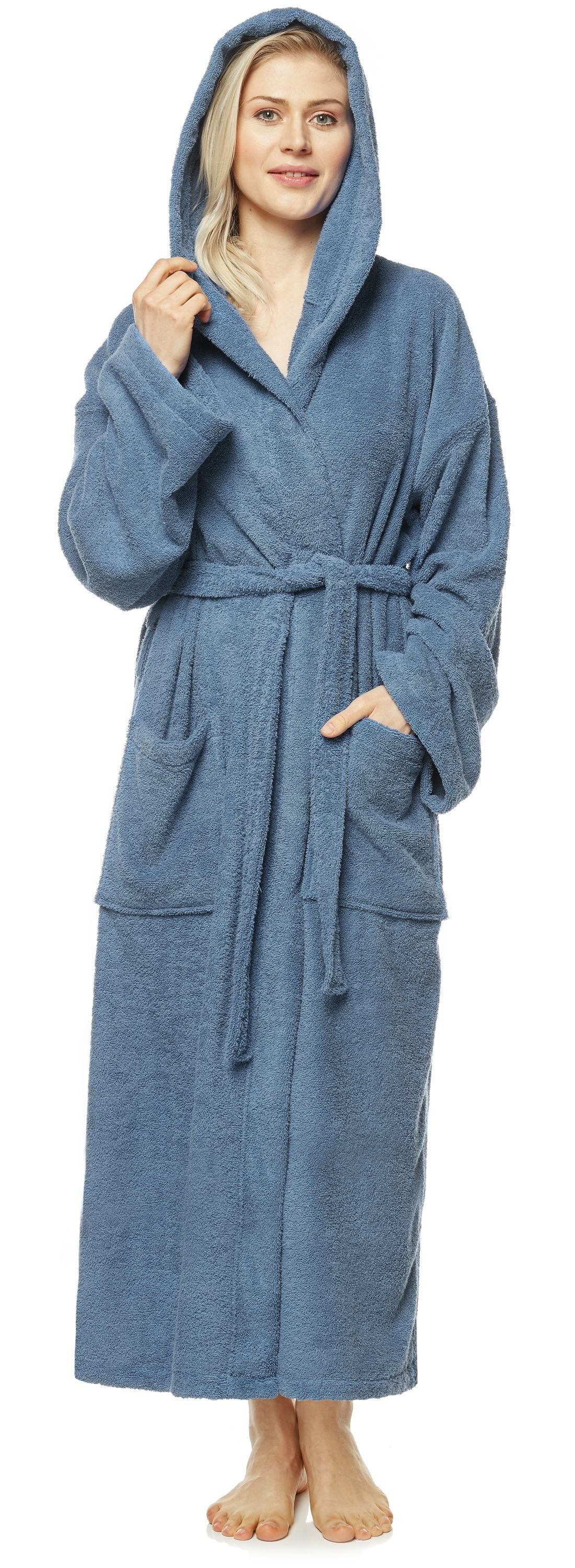 Arus Damenbademantel Astra, 100% Baumwolle, mit Kapuze, wadenlang oder extra lang, 100% Baumwolle Blaugrau