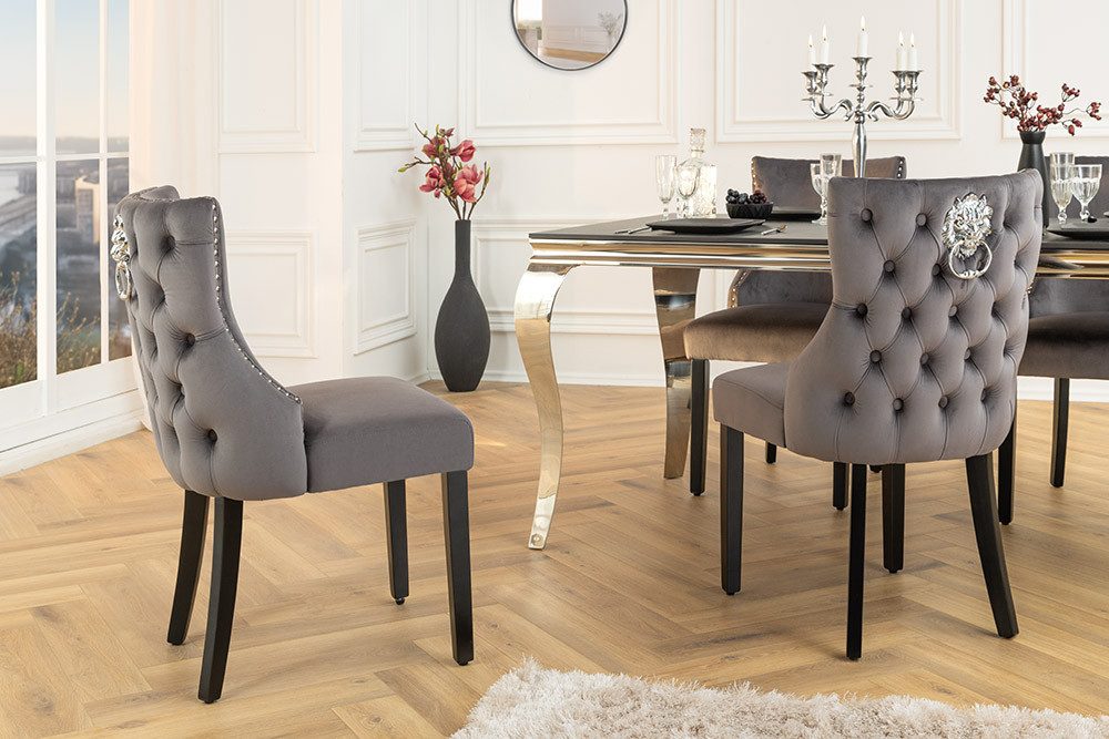 riess-ambiente Esszimmerstuhl CASTLE DELUXE grau/schwarz - Samt, Holzbeine, Löwenkopf-Griff (Einzelartikel, 1 St), glamouröser Stuhl mit Nieten - ideal für Deinen Barock-Look