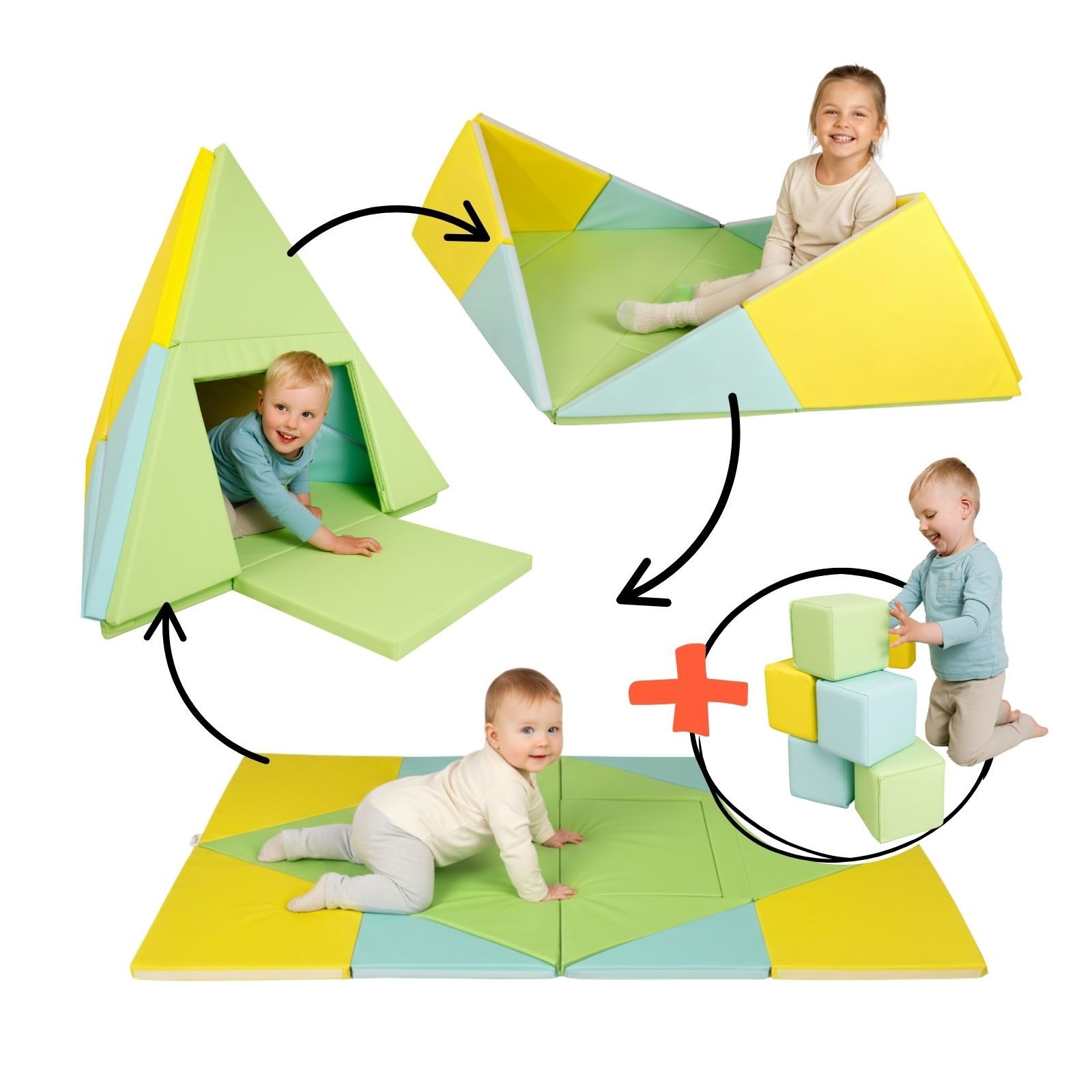 alldoro Spielmatte 3 in 1 Krabbelmatte faltbar zu Tipi-Zelt & Boot inkl. 6 Softbausteinen, mitwachsendes Montessori-Spielzeug Set für Babys & Kinder ab 0 Jahre