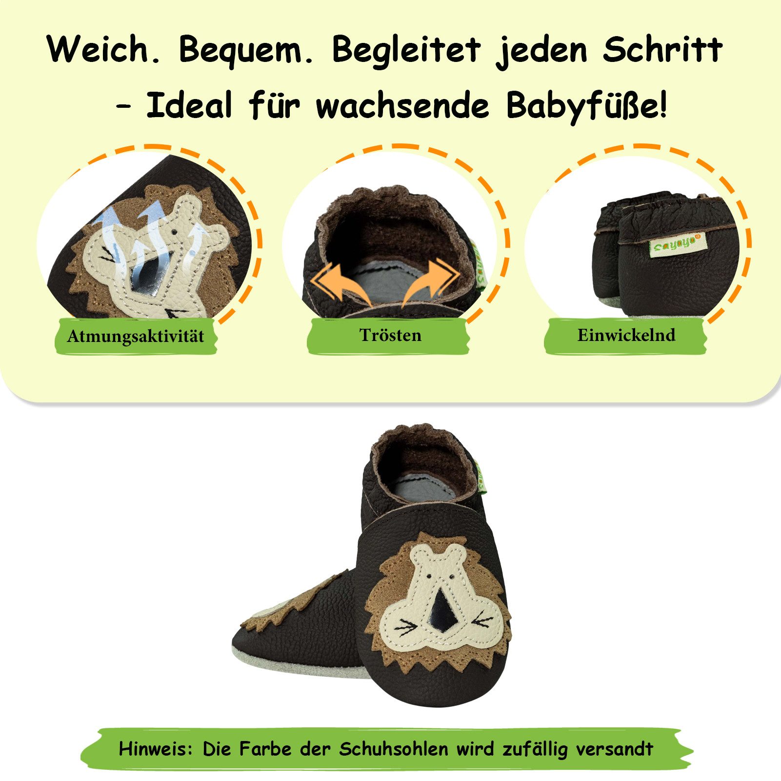 Sayoyo Weiche Leder Krabbelschuhe Hausschuhe Lederpuschen Löwe Lauflernschuh (100% Leder) – Bild 2 von 5