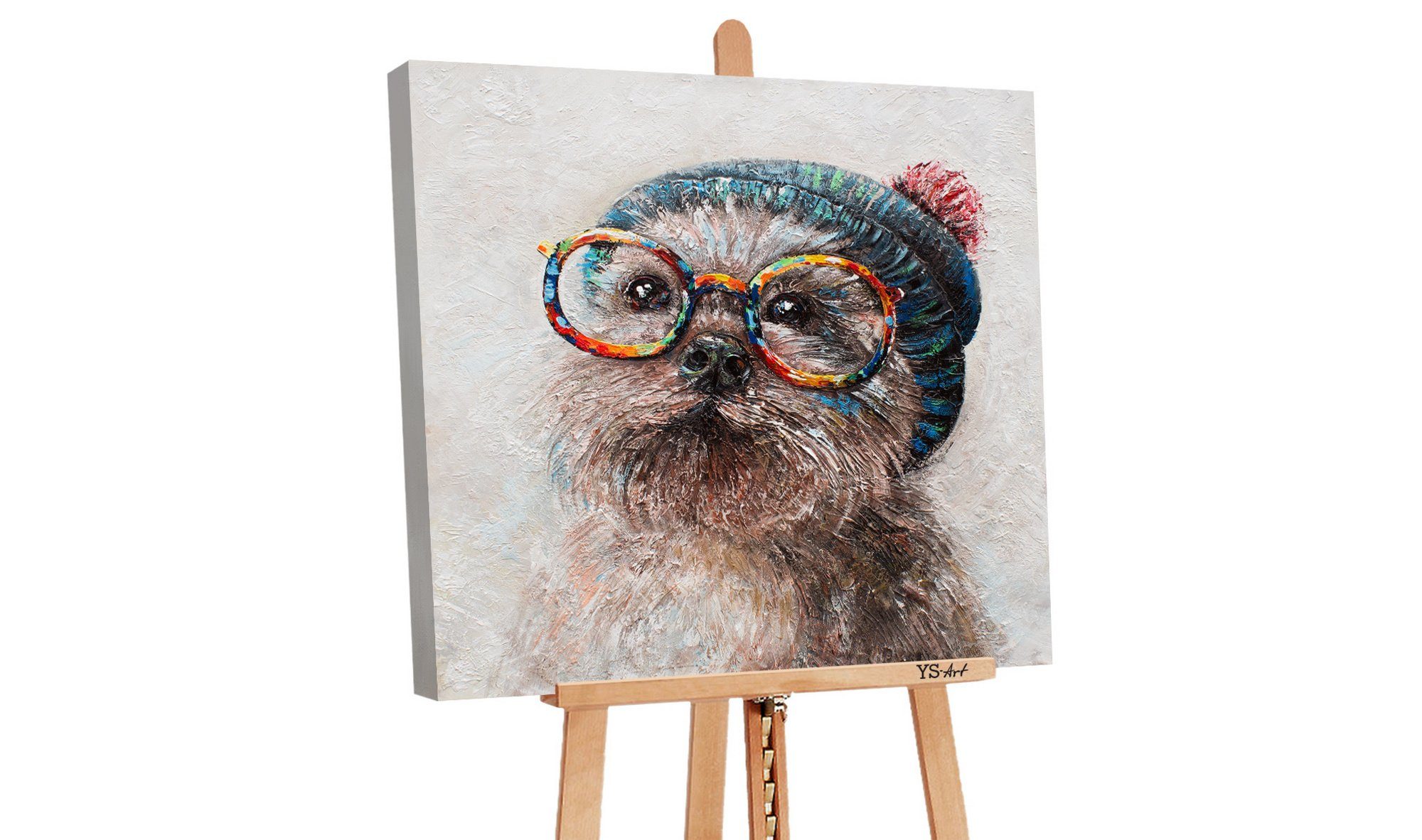 YS-Art Gemälde Positiv, Tiere, Leinwand Bild Handgemalt Yorkshire Terrier Brille Mütze Bunt