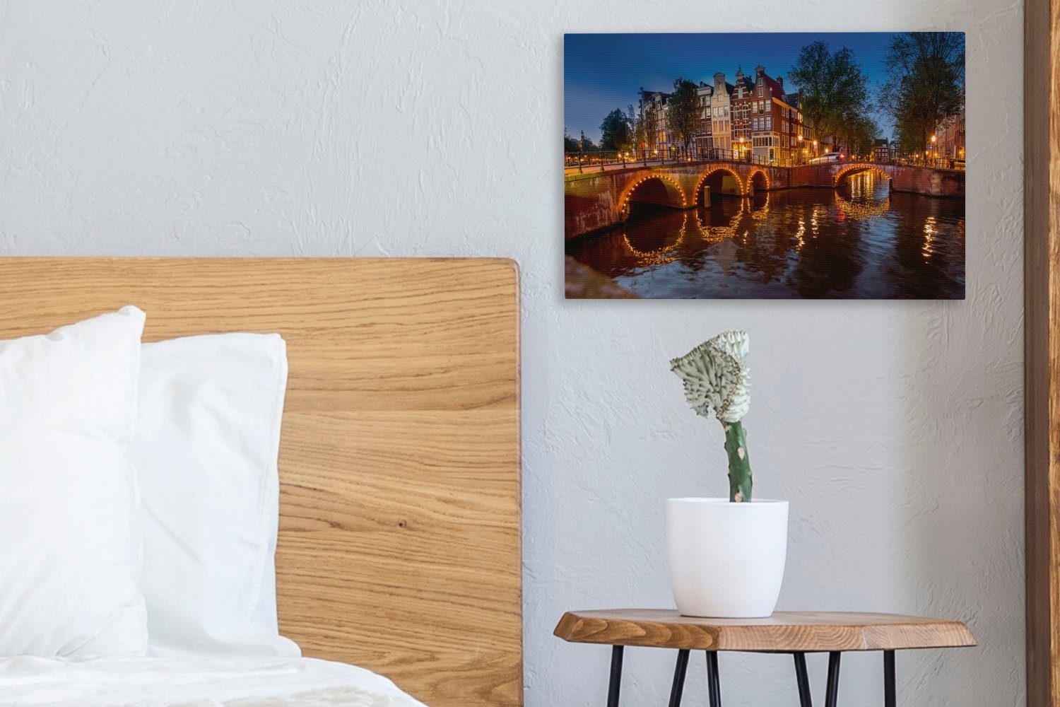 mit Wanddeko, Keizersgracht Aufhängefertig, Leinwandbilder, St), Amsterdams einer Wandbild cm beleuchteten 30x20 Brücke, OneMillionCanvasses® (1 Leinwandbild