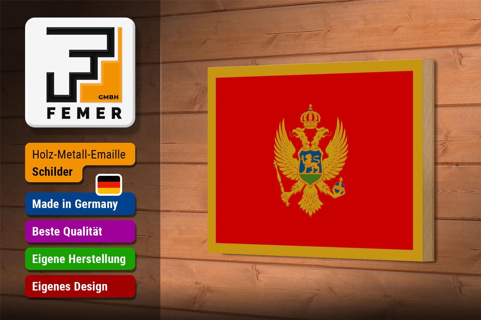 Femer GmbH Holzbild Flagge Montenegros 18x12 cm Flag of Montenegro, Flaggen (1 St), Glatte Holzfaserplatte (MDF), vorn beschichtet