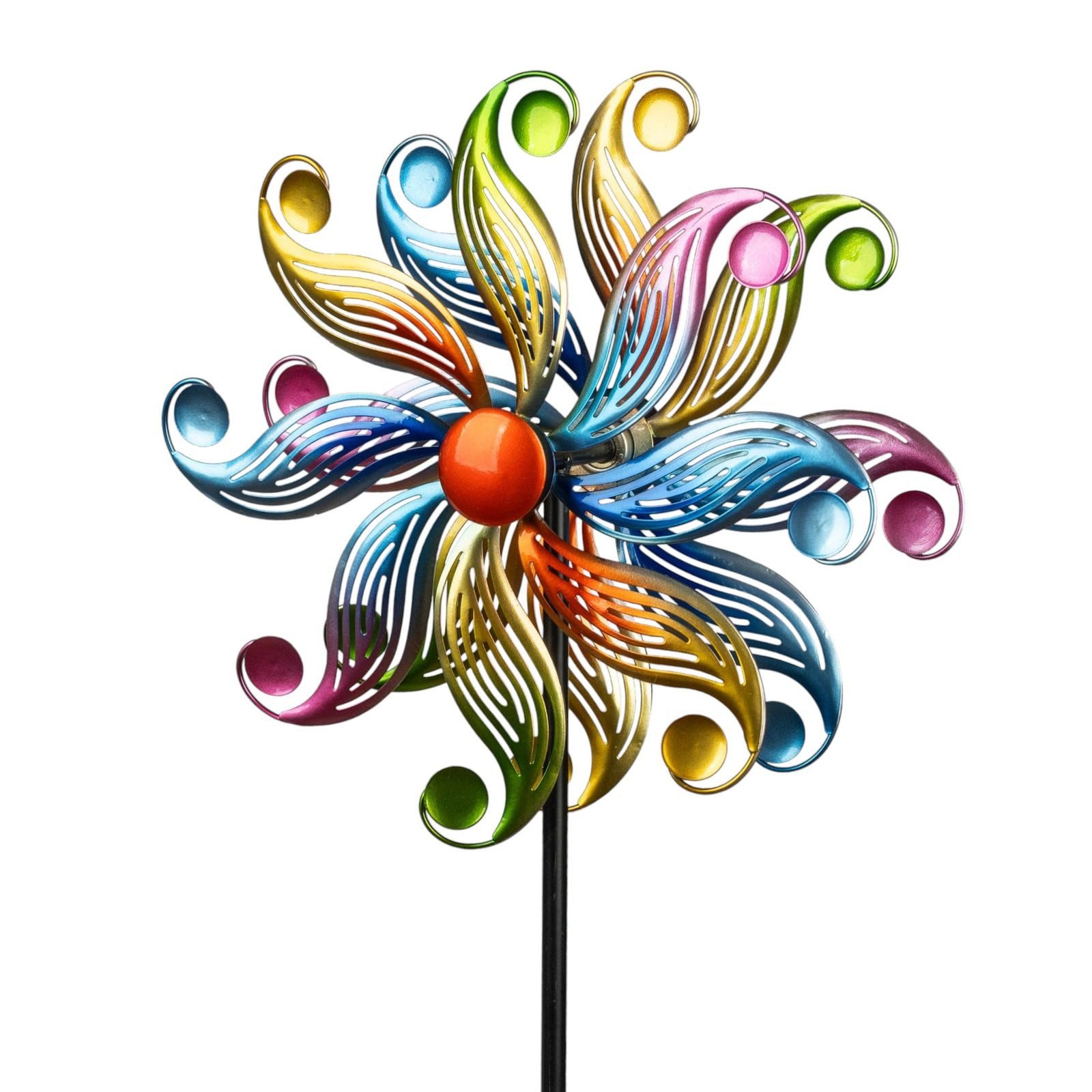 Kremers Schatzkiste Gartenfigur Windrad Blume Garten Metall kugelgelagert Windspiel Ø 30 cm / 122 cm
