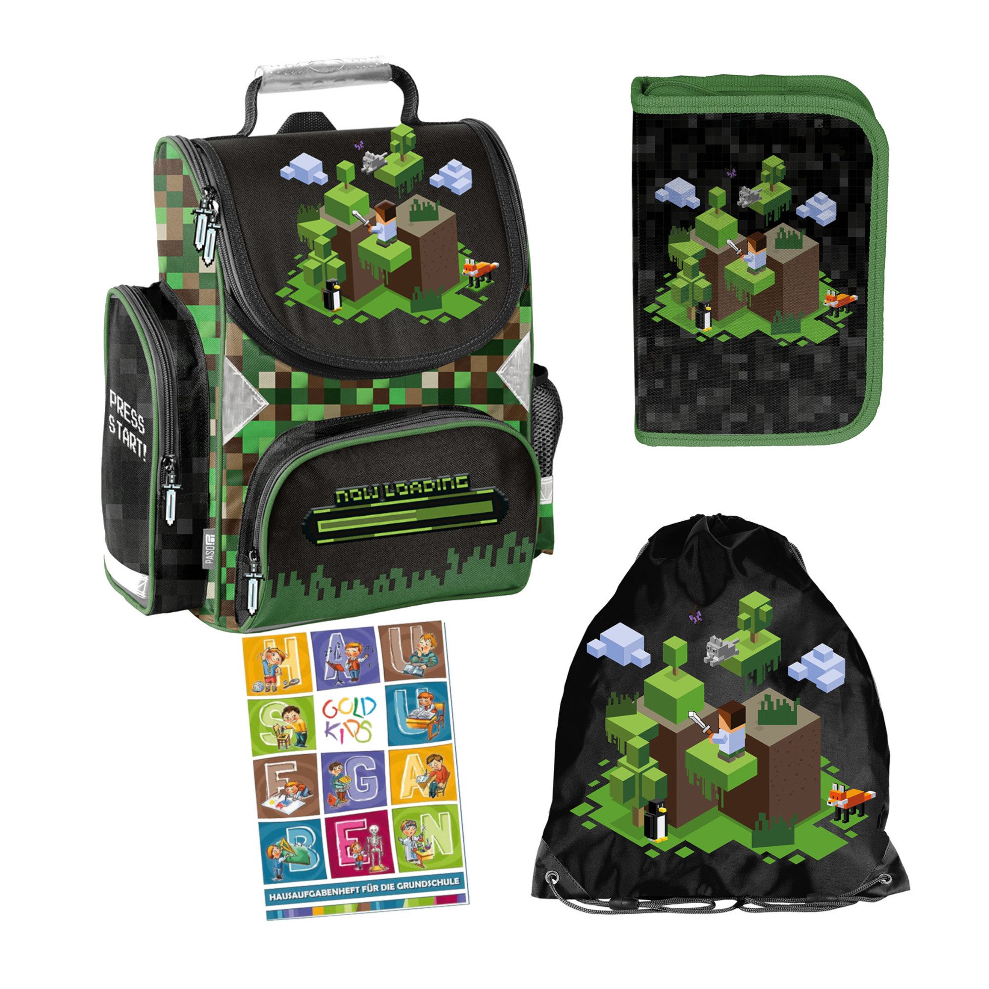 GOLDKIDS Schulranzen für Jungen und Mädchen, 4er-Set - (Schul-Rucksack für Kinder mit Federmäppchen -, 1-tlg., Schuhbeutel und Hausaufgabenheft), Game Motiv- 1-3 Klasse