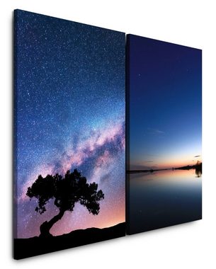Sinus Art Leinwandbild 2 Bilder je 60x90cm Sterne Sternenhimmel Baum Einsam Sommernacht Milchstraße Meer