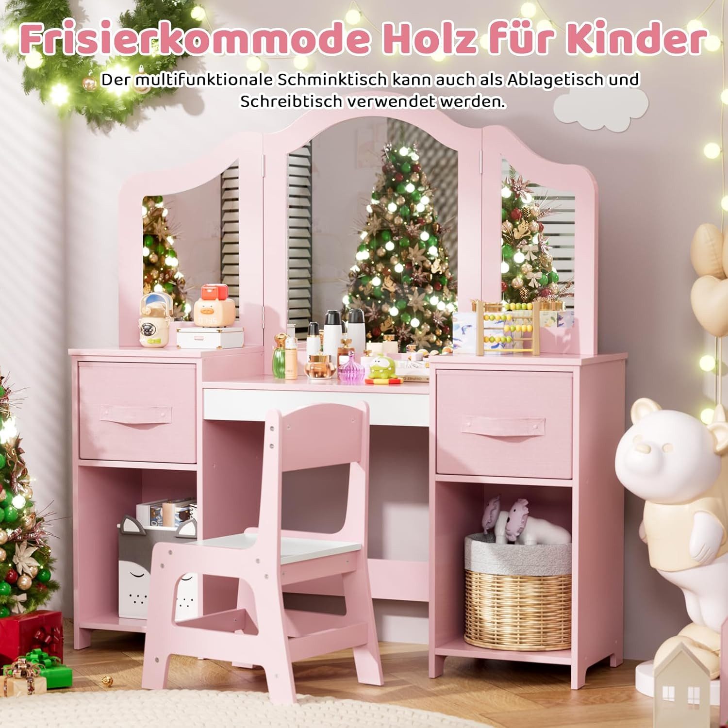 TLGREEN Schminktisch Kinderschminktisch 2 in 1,mit Abnehmbarem Spiegel (108x30x114 cm), Schminktisch Mädchen,Schreibtisch mit Hocker