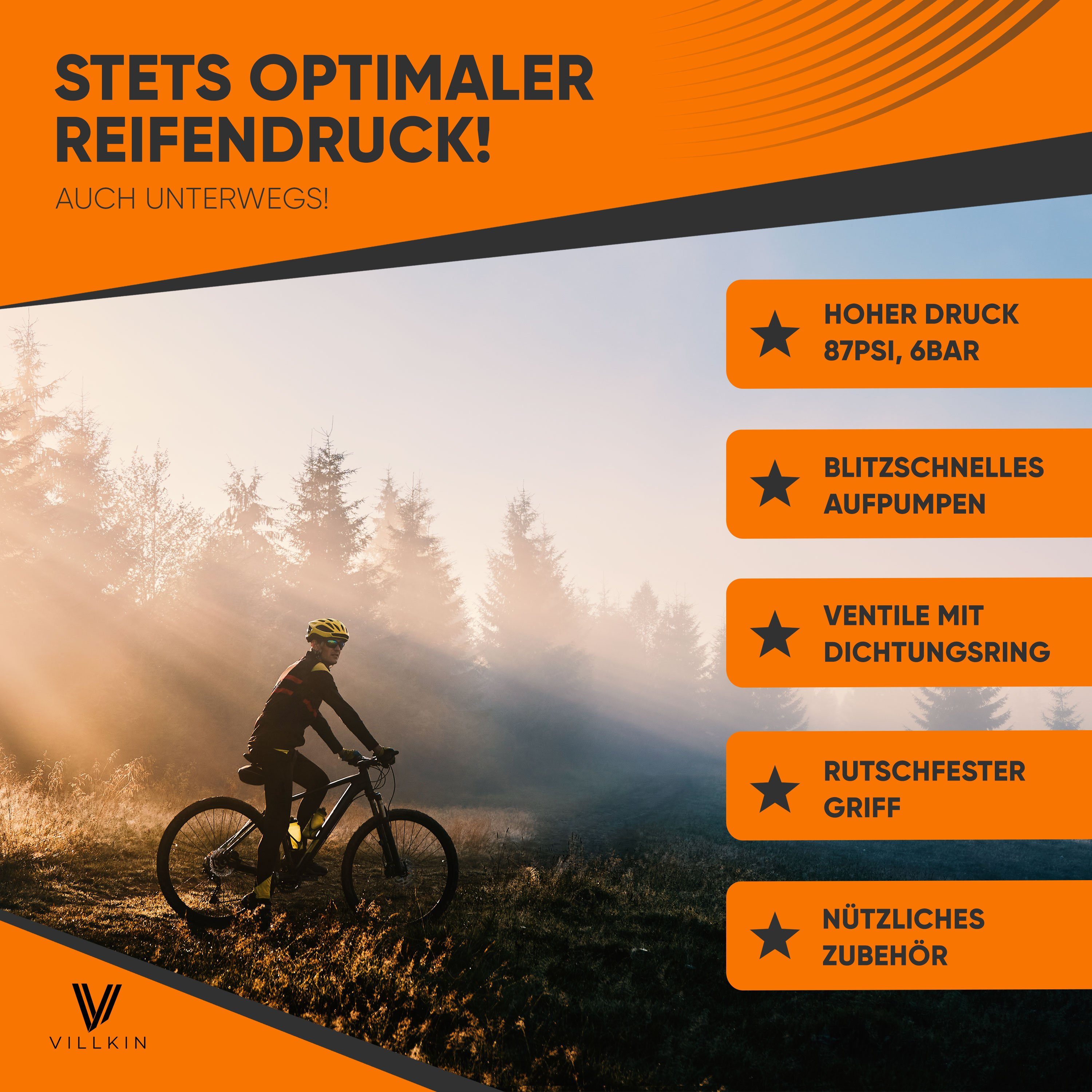 Villkin Fahrradpumpe, kleine Luftpumpe, Ballpumpe, Reifenpumpe, Handpumpe (22,5cm) (4-tlg., Befestigung für Fahrrad vorhanden), mehrere Adapter