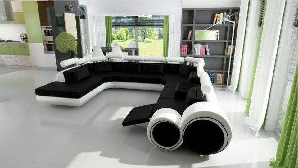 Xlmoebel Wohnlandschaft Ledersofa U-Form in Schwarz mit USB-Anschluss, 5 Teile, Made in Europa