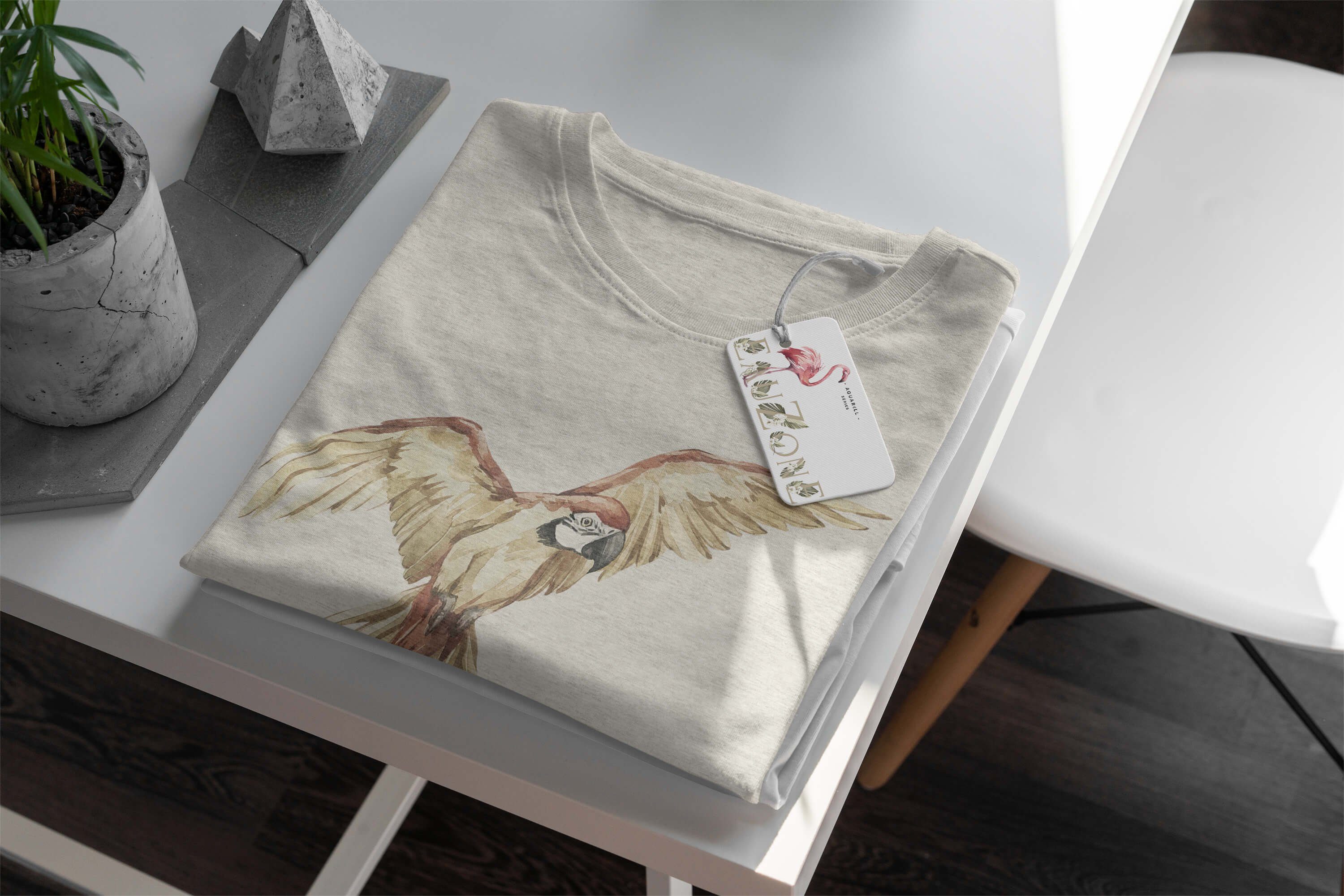 Sinus Art Farbe Motiv Ökomode Organic T-Shirt Herren T-Shirt Papagei Shirt Bio-Baumwolle (1-tlg) Nachhaltig Aquarell