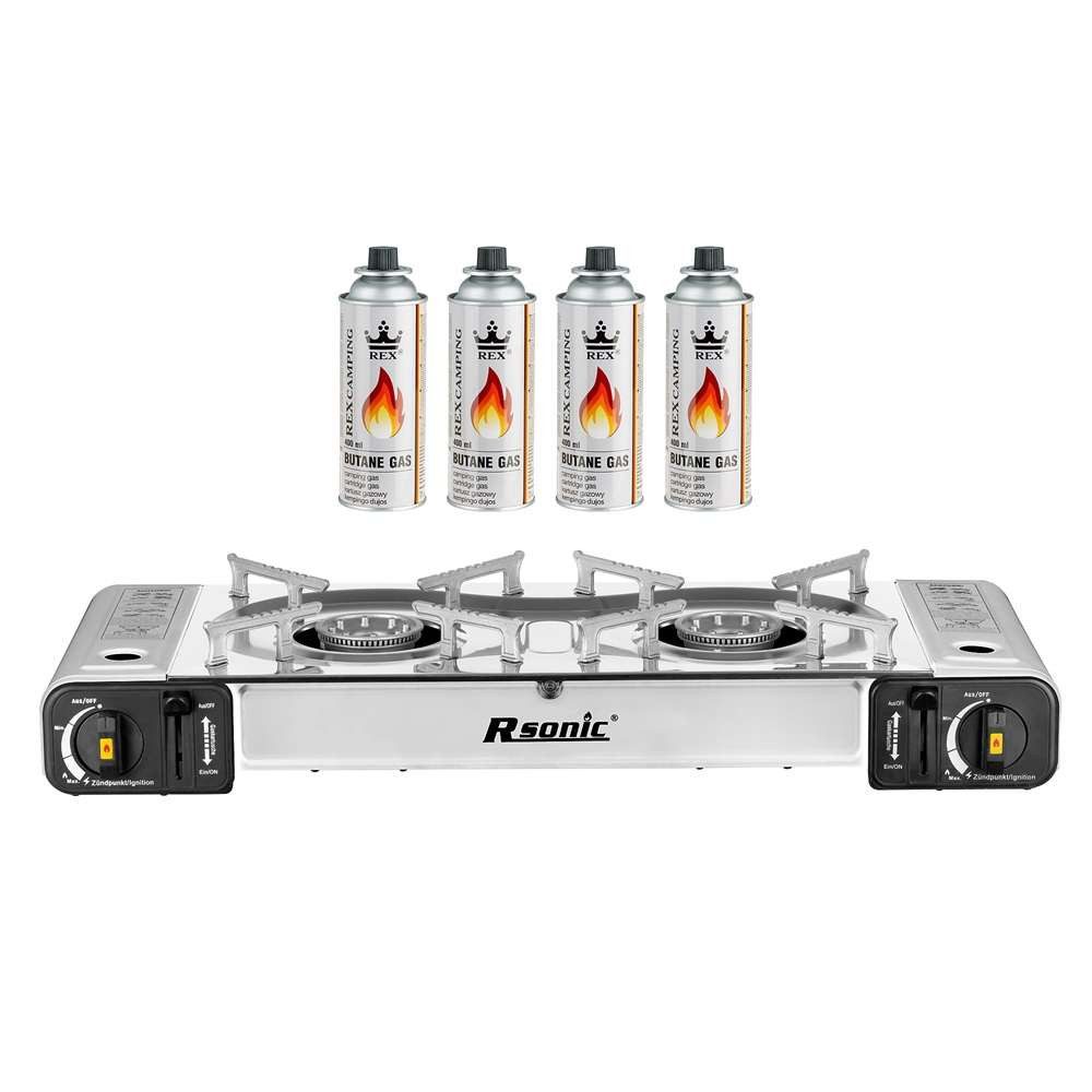 Mianova Gaskocher Doppel Gaskocher 2 flammiger Campingkocher BBQ Grillplatte Gasflaschen, (Leistungsstarker 2 Flammen Campingkocher mit Piezozündung wahlweise mit Gaskartuschen und Grillplatte)